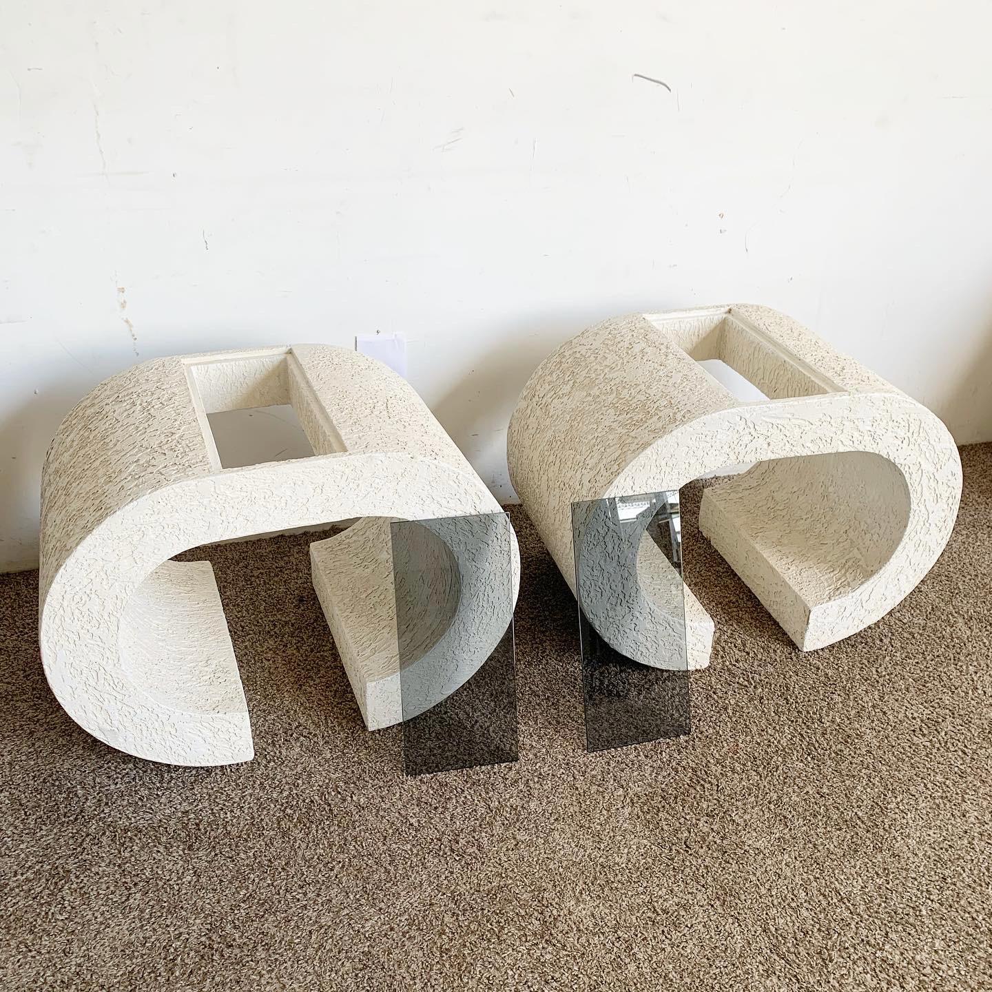 Postmodern Off-white Stucco Smoked Glass Top Scroll Side Tables - a Pair In Good Condition For Sale In Delray Beach, FL