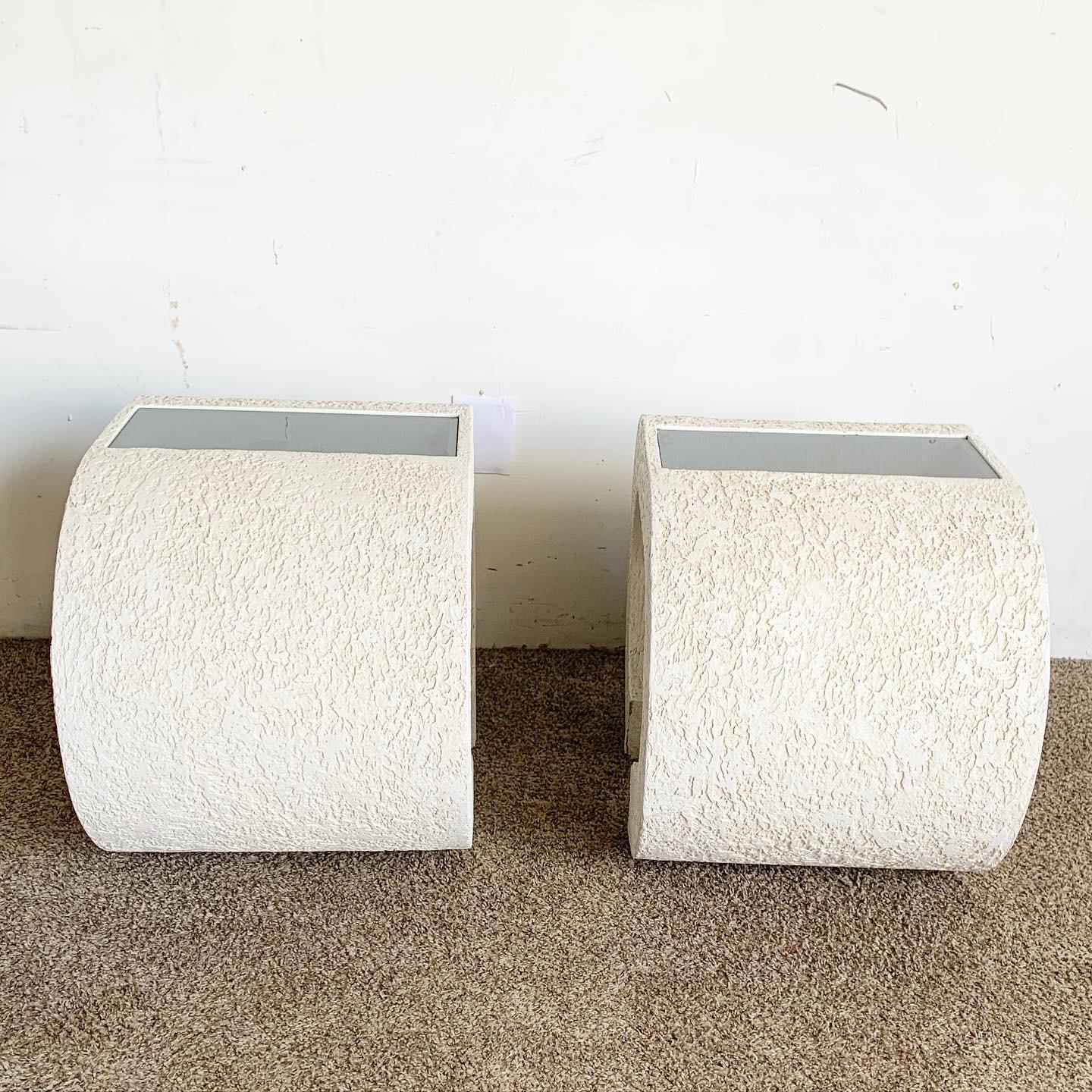 Postmodern Off-white Stucco Smoked Glass Top Scroll Side Tables - a Pair For Sale 2