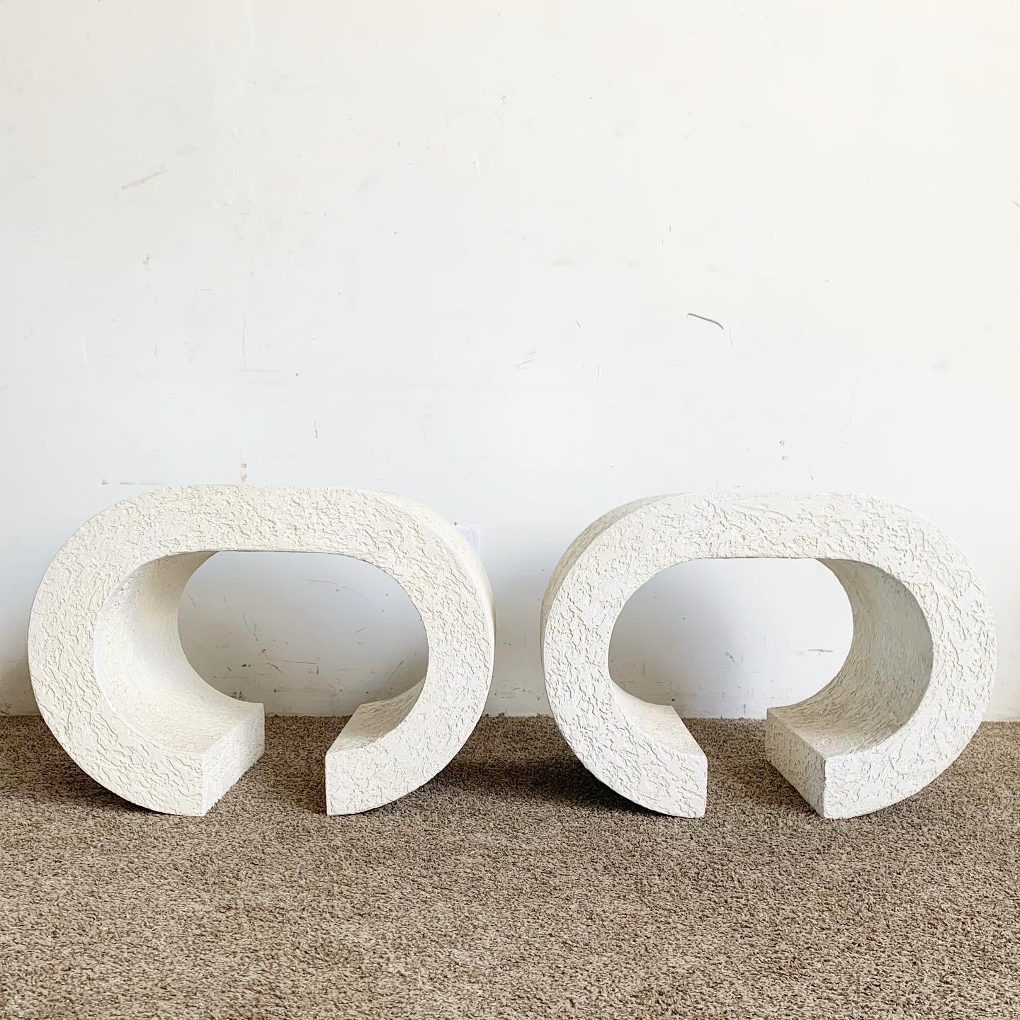 Postmodern Off-white Stucco Smoked Glass Top Scroll Side Tables - a Pair For Sale