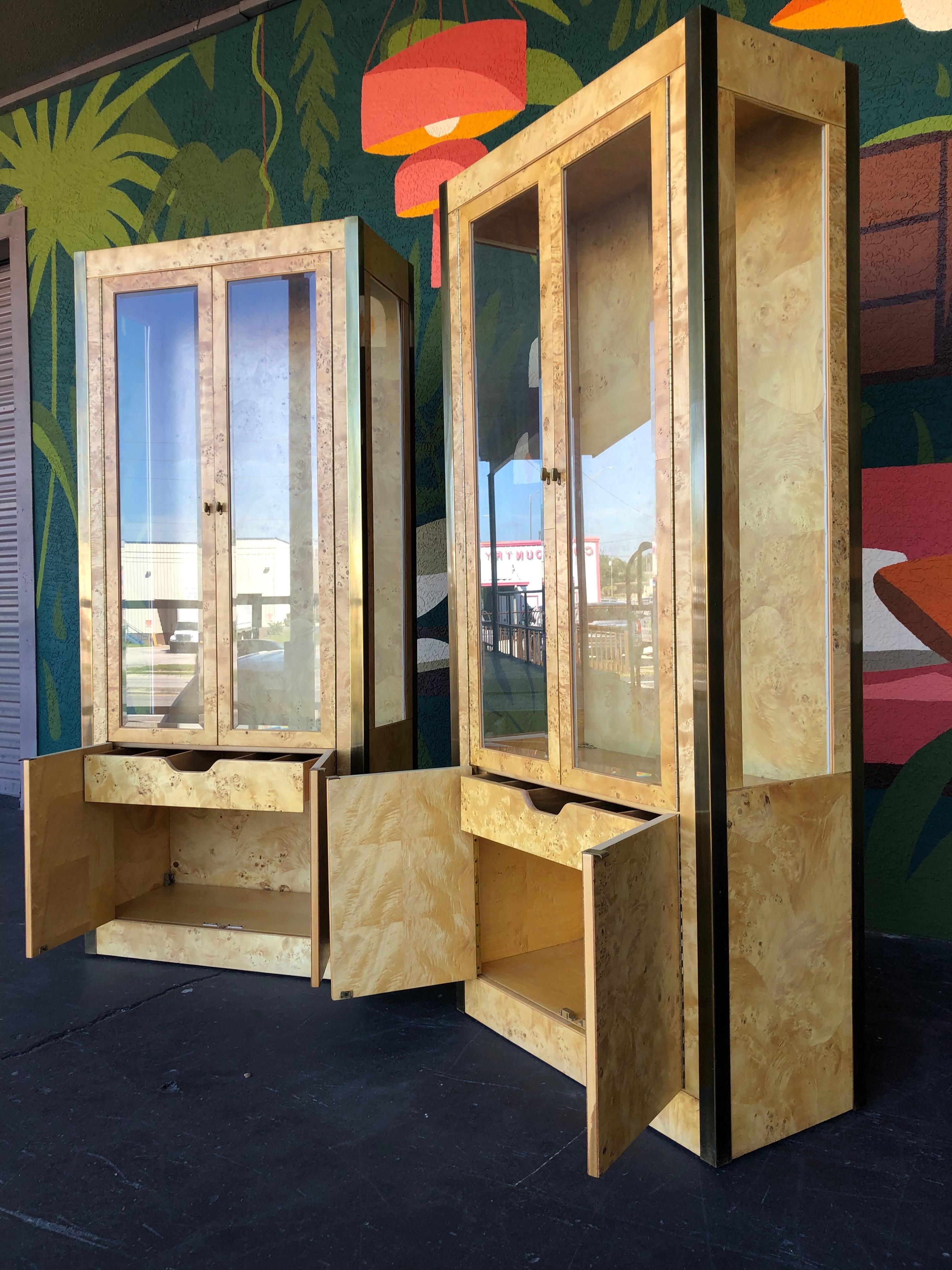 Post-Modern Postmodern Olive Burlwood and Glass Lighted Vitrine Display Cabinets - A Pair