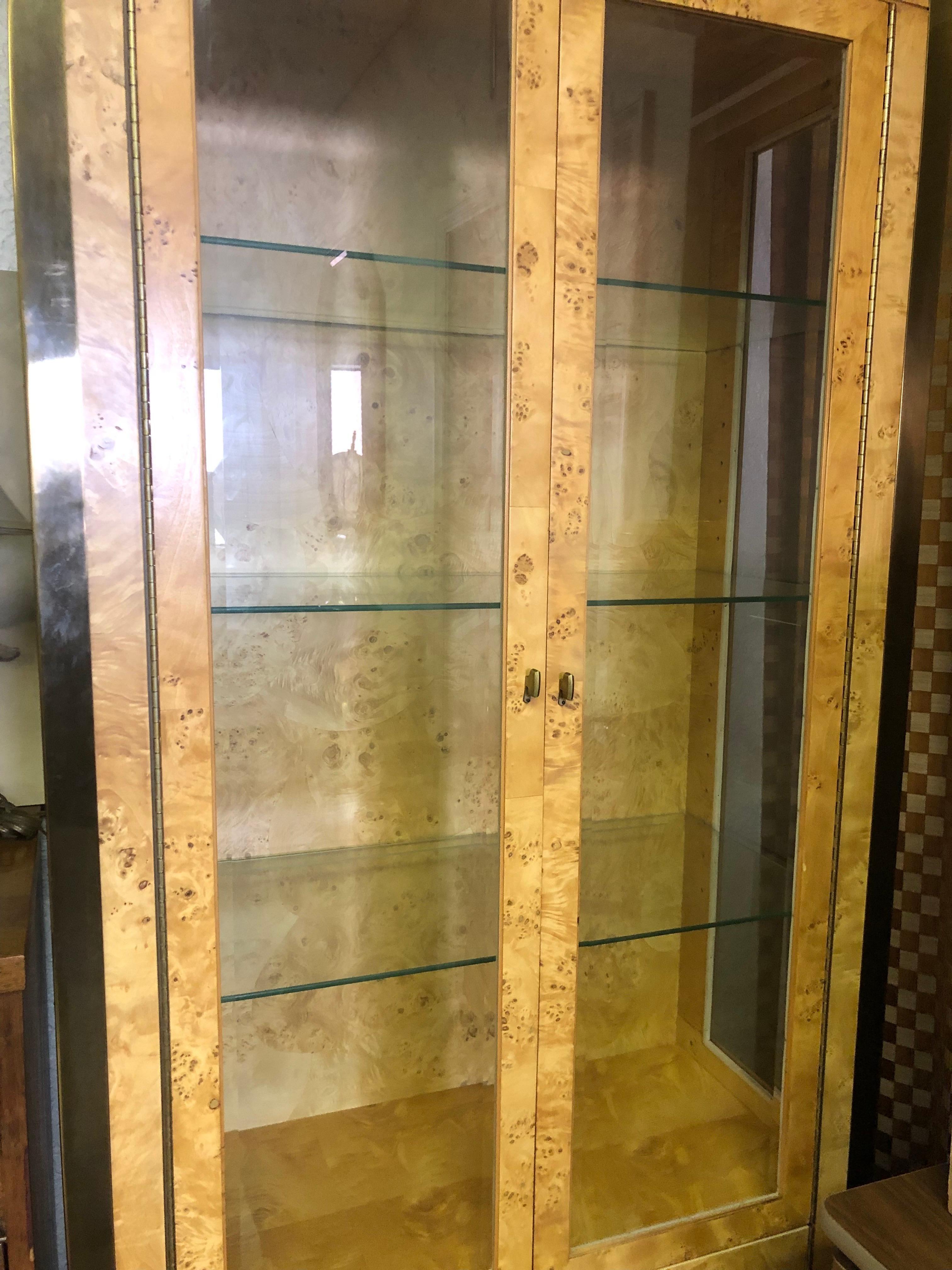 Postmodern Olive Burlwood and Glass Lighted Vitrine Display Cabinets - A Pair In Good Condition In Lutz, FL