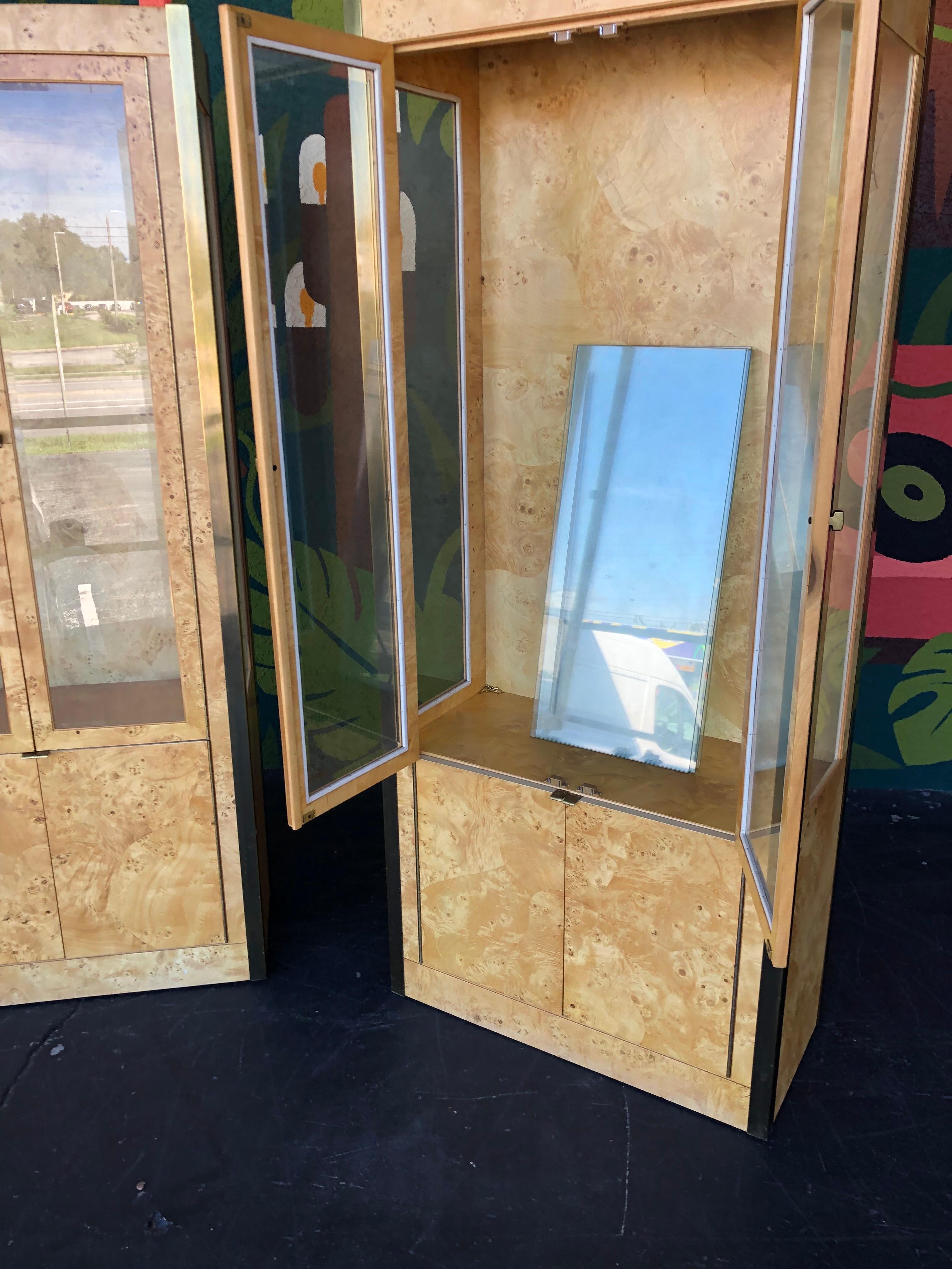 Postmodern Olive Burlwood and Glass Lighted Vitrine Display Cabinets - A Pair 2
