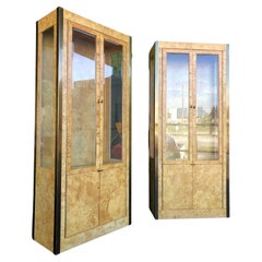 Postmodern Olive Burlwood and Glass Lighted Vitrine Display Cabinets - A Pair