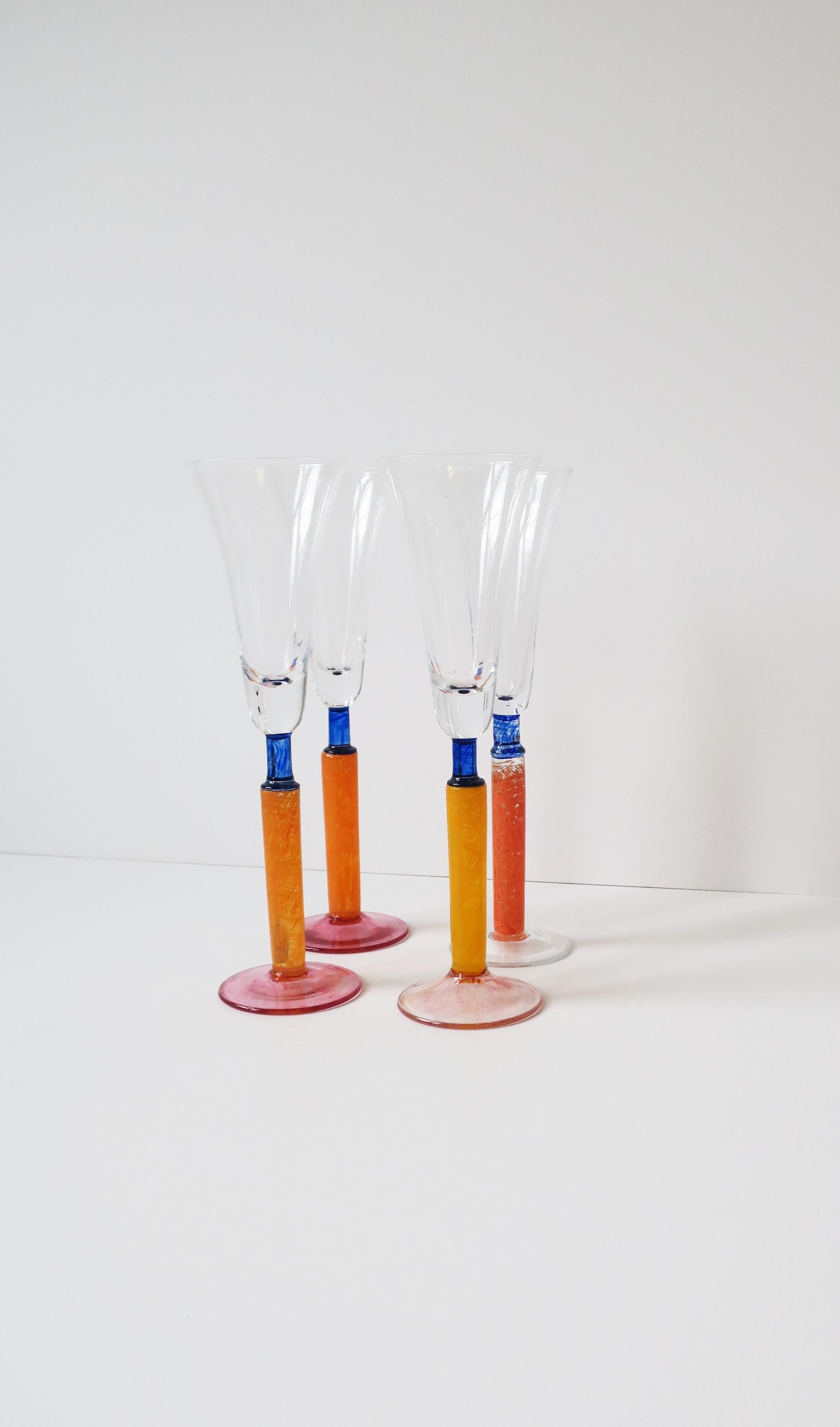 Orange Art Glass Champagne Flutes Glasses Postmodern 1990s For Sale 6