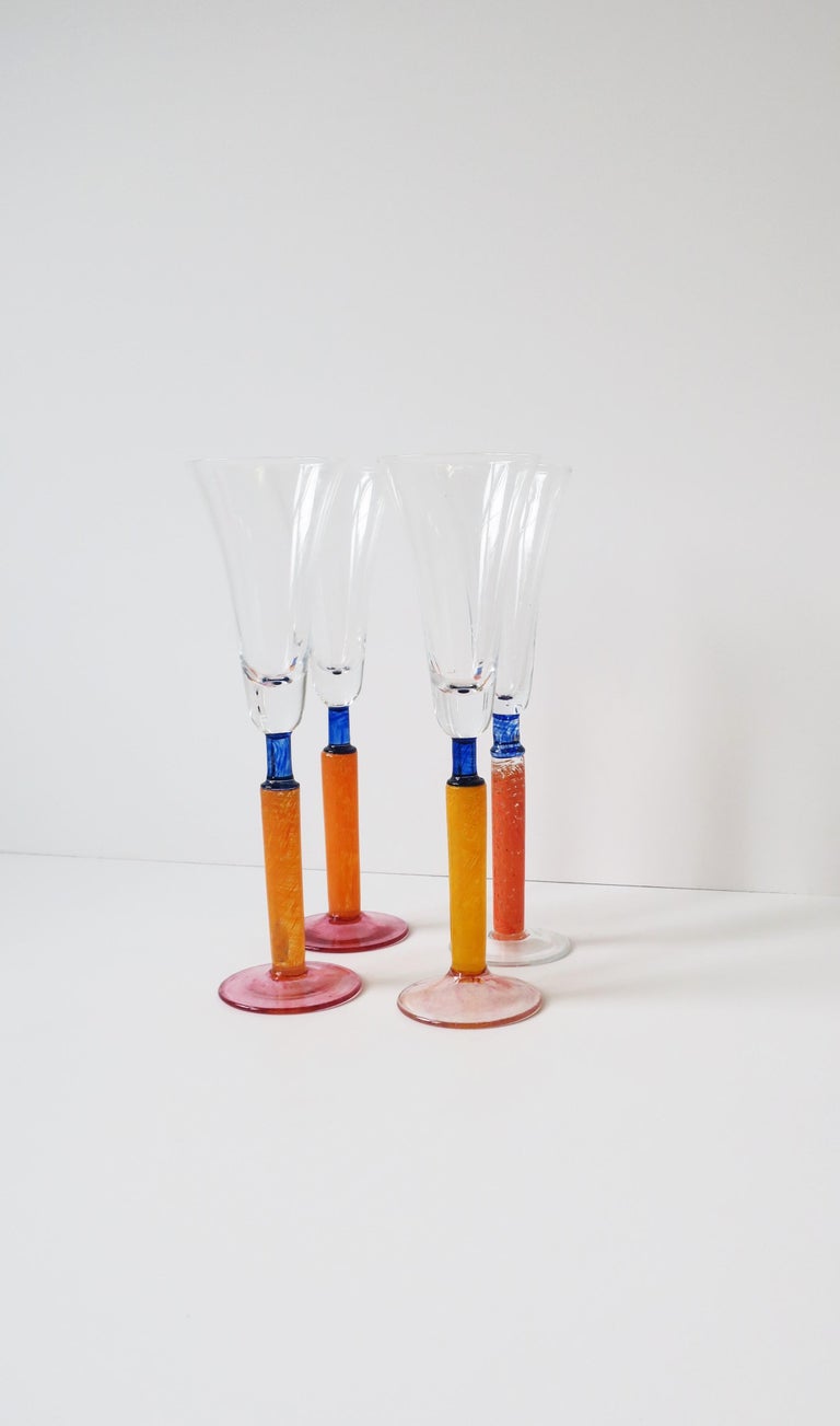 Postmodern 1990s Orange Art Glass Champagne Flute Glasses, Set of 4 For Sale 6