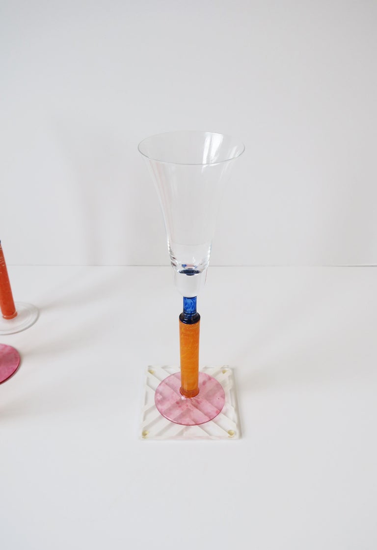 Postmodern 1990s Orange Art Glass Champagne Flute Glasses, Set of 4 For Sale 7