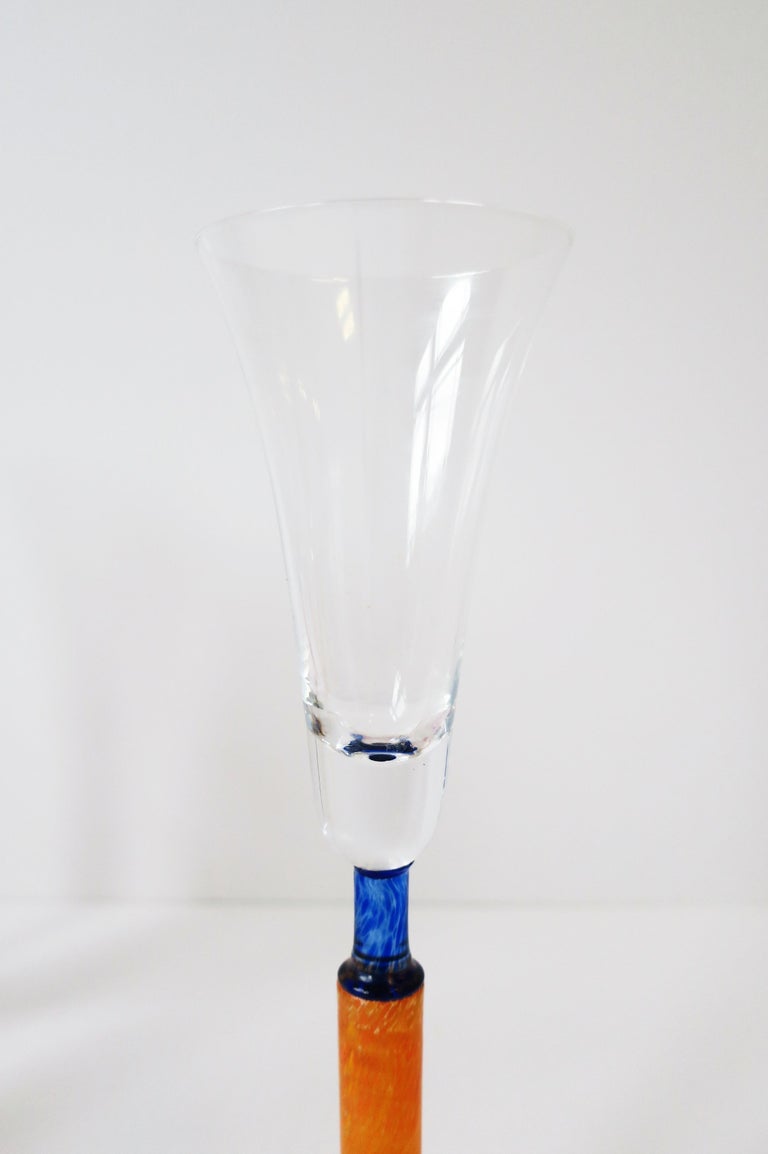 Postmodern 1990s Orange Art Glass Champagne Flute Glasses, Set of 4 For Sale 8