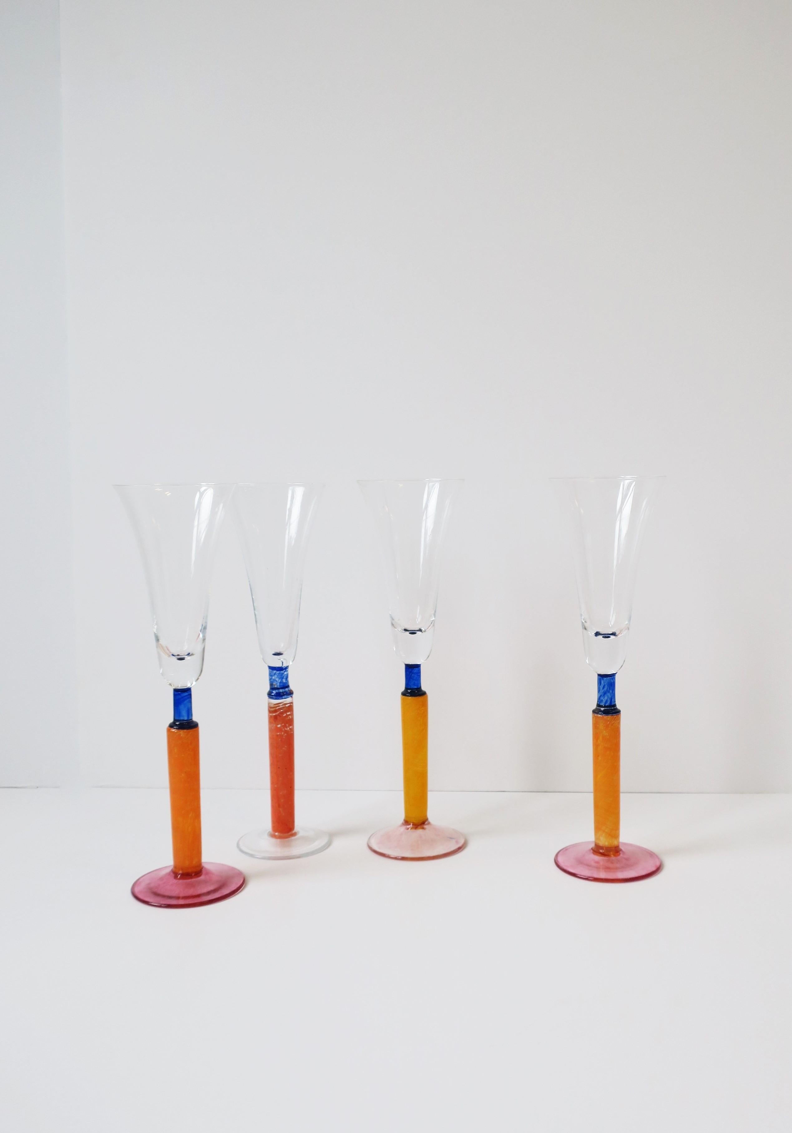 Post-Modern Orange Art Glass Champagne Flutes Glasses Postmodern 1990s For Sale