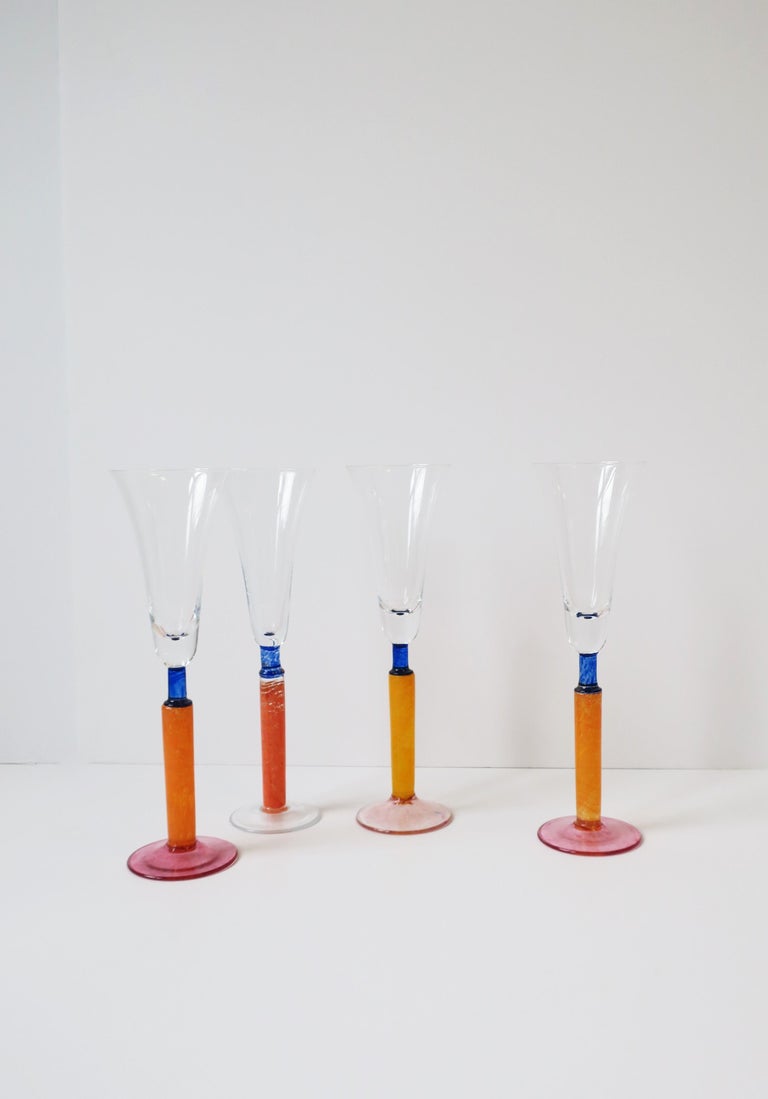 Post-Modern Postmodern 1990s Orange Art Glass Champagne Flute Glasses, Set of 4 For Sale