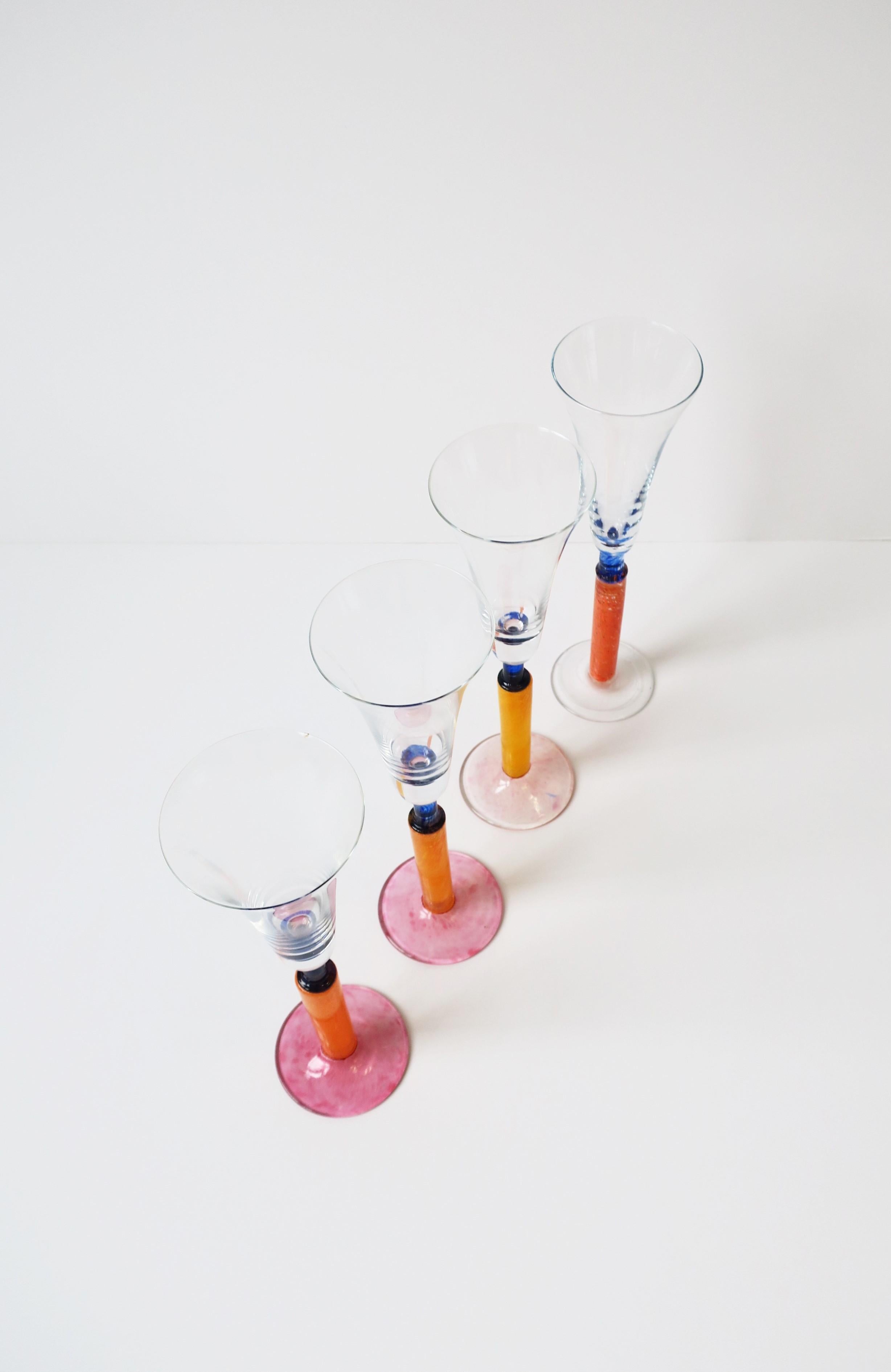 European Orange Art Glass Champagne Flutes Glasses Postmodern 1990s For Sale