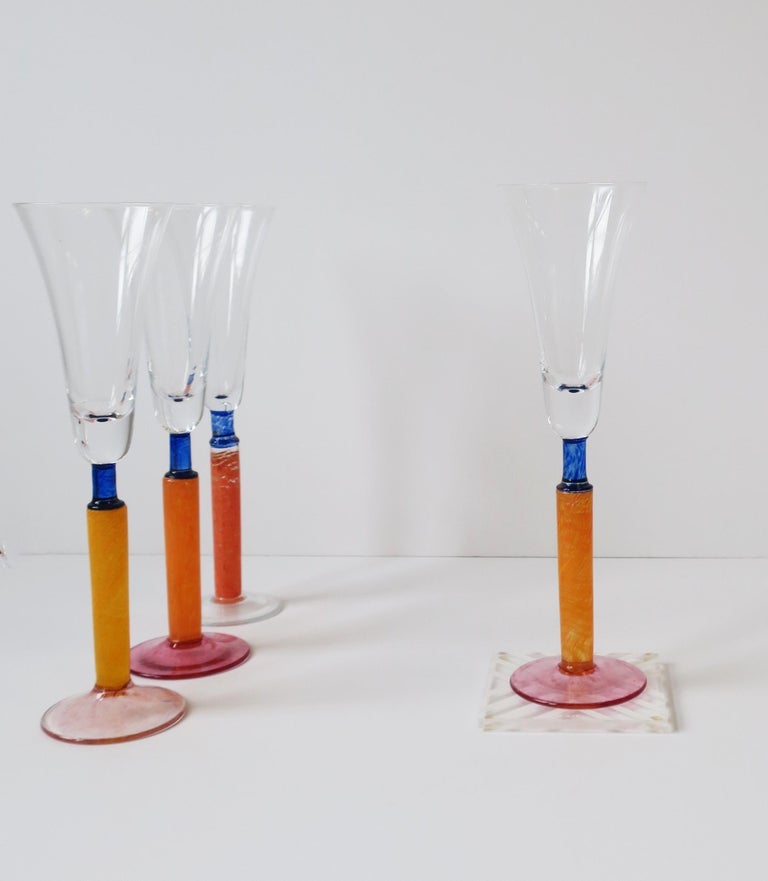 20th Century Postmodern 1990s Orange Art Glass Champagne Flute Glasses, Set of 4 For Sale