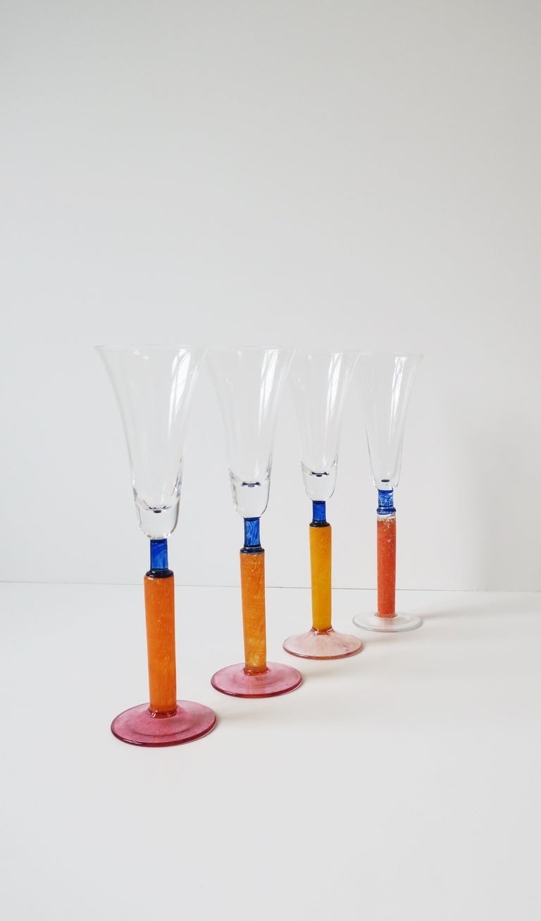 Postmodern 1990s Orange Art Glass Champagne Flute Glasses, Set of 4 For Sale 1