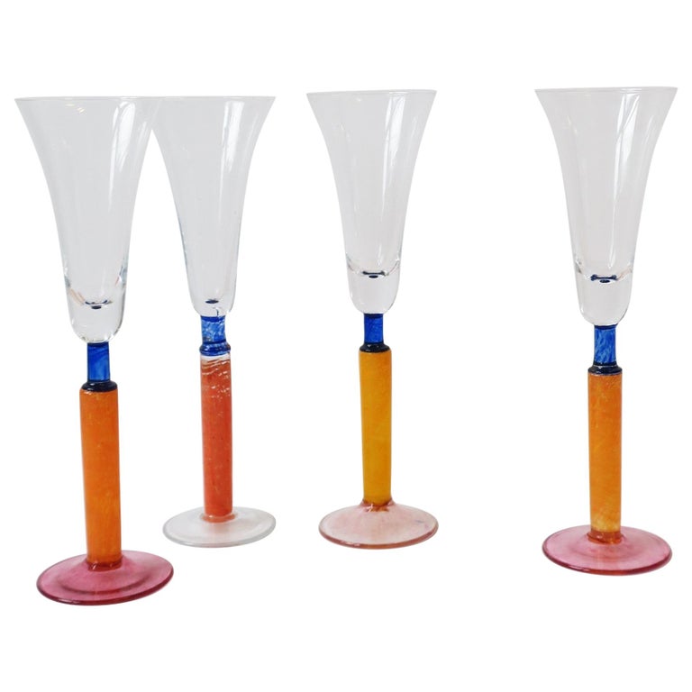 Postmodern 1990s Orange Art Glass Champagne Flute Glasses, Set of 4 For Sale