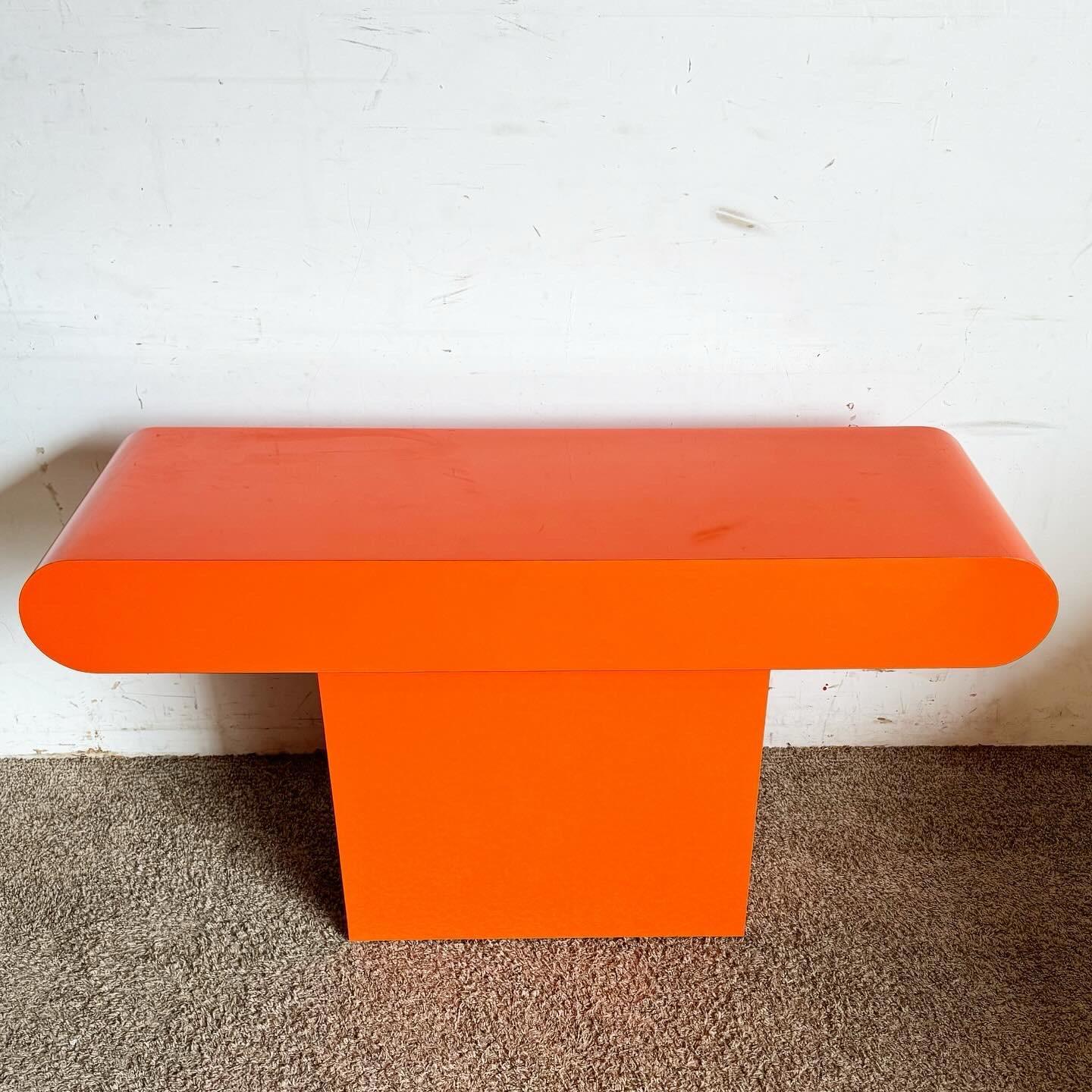 American Postmodern Orange Lacquer Laminate Bullnose Console Table For Sale