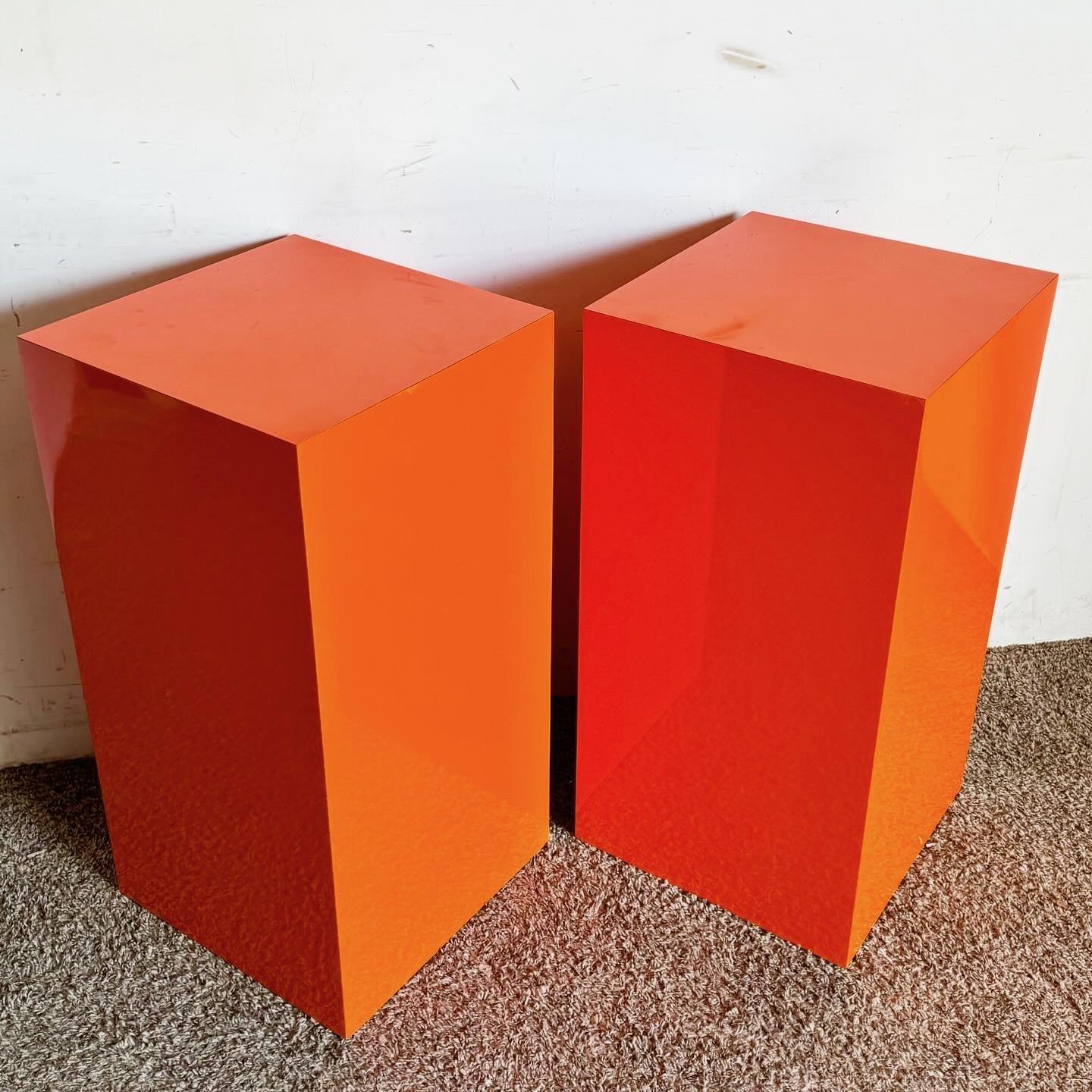 American Postmodern Orange Lacquer Laminate Rectangular Prism Pedestals - a Pair For Sale
