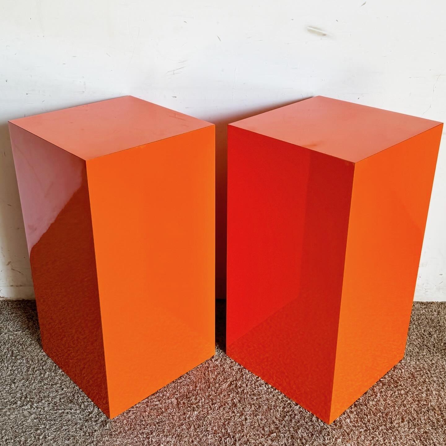 Postmodern Orange Lacquer Laminate Rectangular Prism Pedestals - a Pair In Good Condition For Sale In Delray Beach, FL