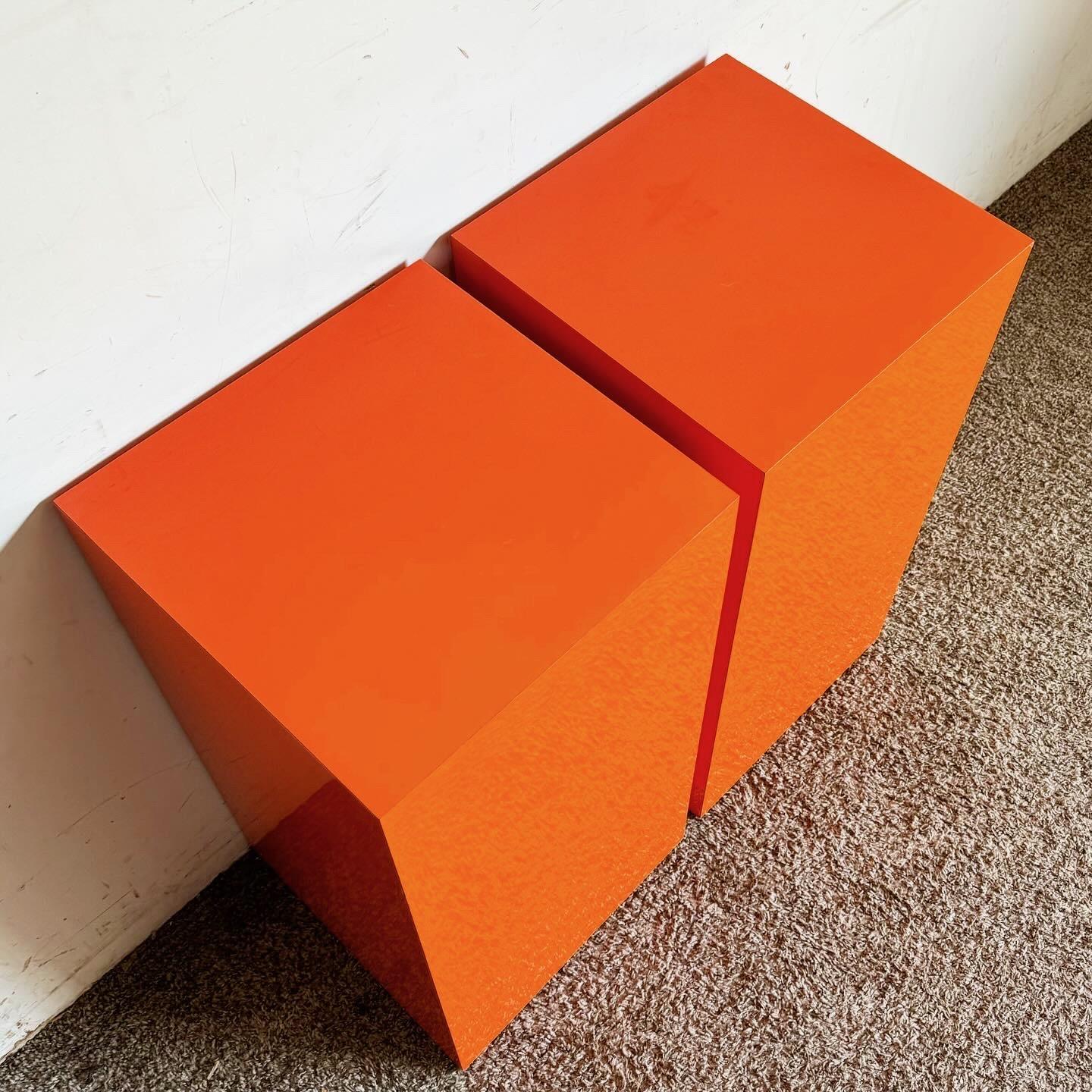 Late 20th Century Postmodern Orange Lacquer Laminate Rectangular Prism Pedestals - a Pair For Sale