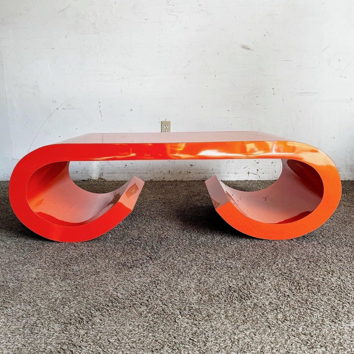 American Postmodern Orange Lacquer Laminate Scroll Waterfall Coffee Table