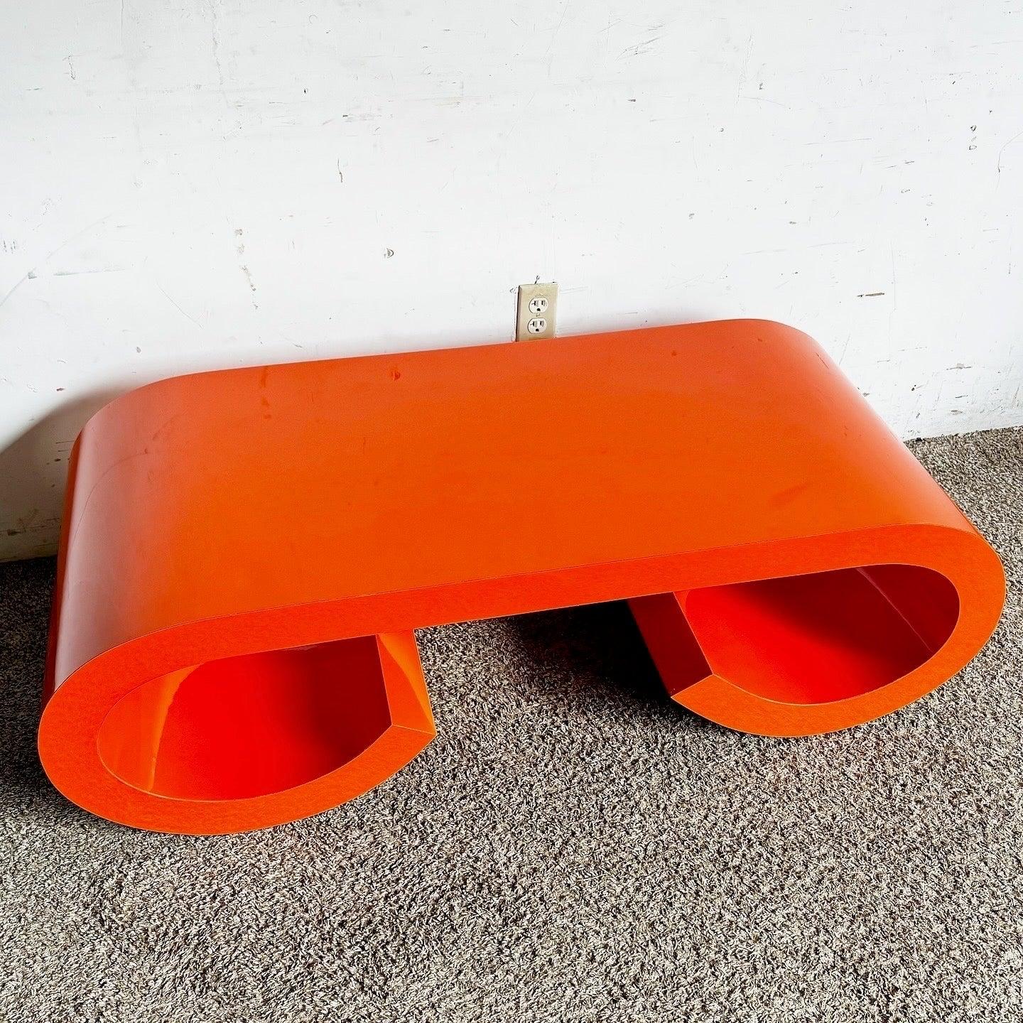 Postmodern Orange Lacquer Laminate Scroll Waterfall Coffee Table In Good Condition In Delray Beach, FL