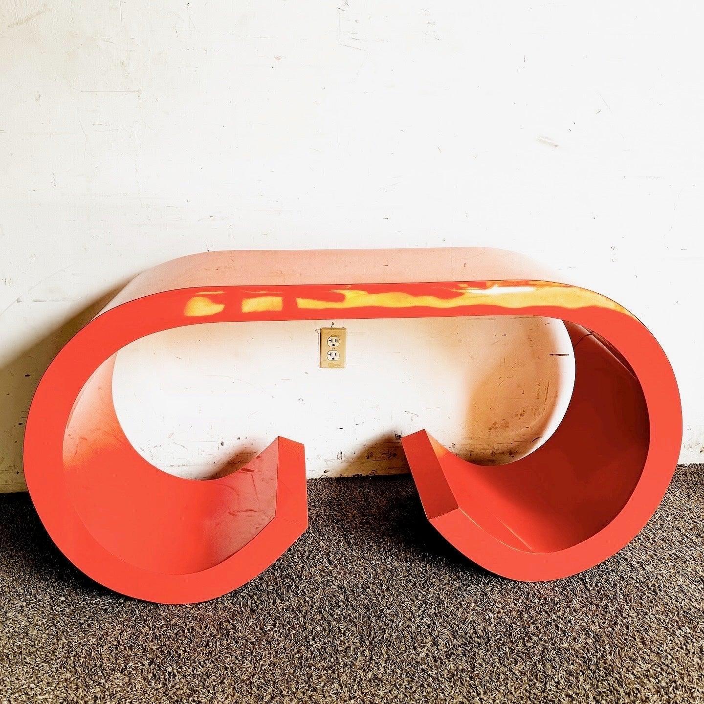 Late 20th Century Postmodern Orange Lacquer Laminate Scroll Waterfall Console Table For Sale
