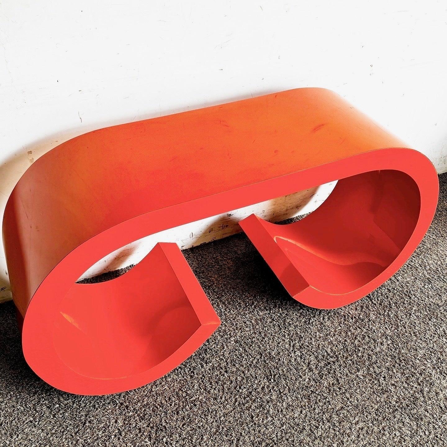 Wood Postmodern Orange Lacquer Laminate Scroll Waterfall Console Table For Sale