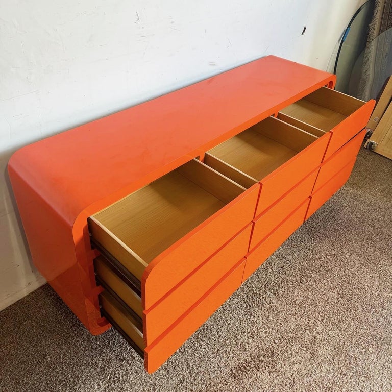 Postmodern Orange Lacquer Laminate Waterfall Dresser - 9 Drawer For Sale at  1stDibs
