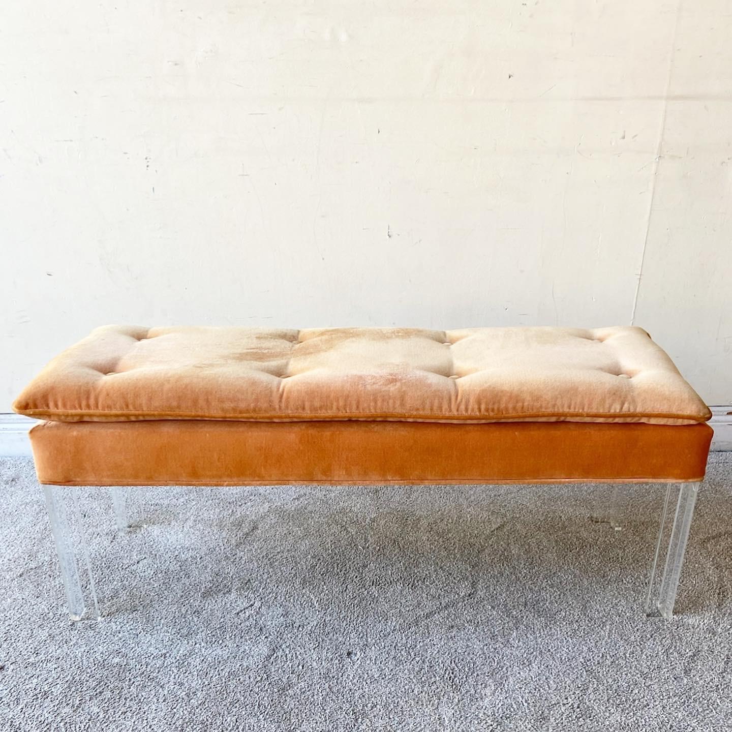 Postmodern Orange Tufted Fabric Lucite Bench 4