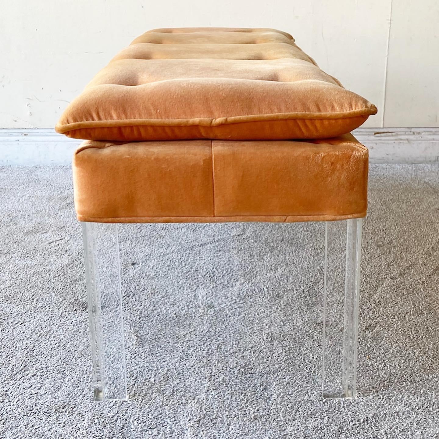 American Postmodern Orange Tufted Fabric Lucite Bench