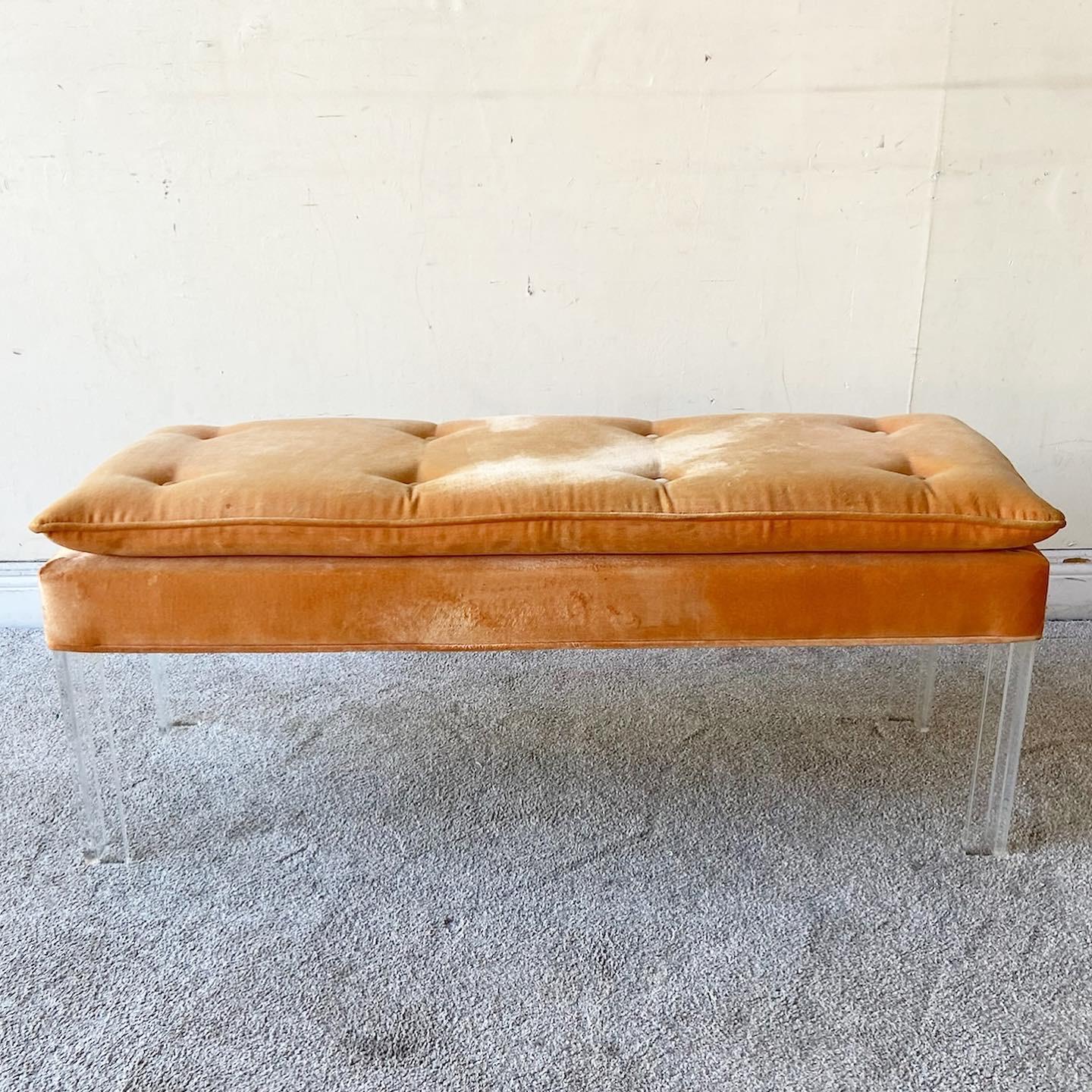 Postmodern Orange Tufted Fabric Lucite Bench In Good Condition In Delray Beach, FL