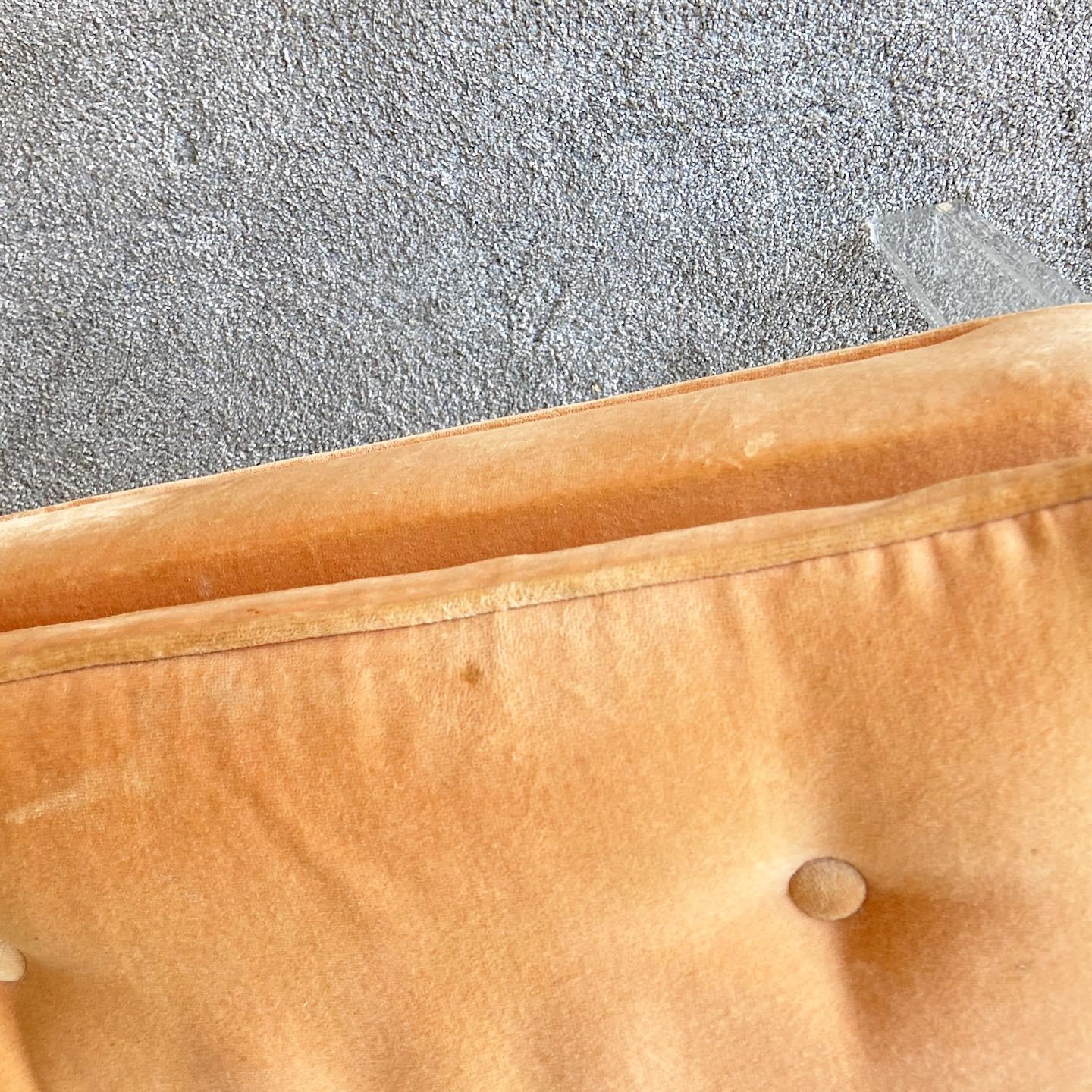 Postmodern Orange Tufted Fabric Lucite Bench 1