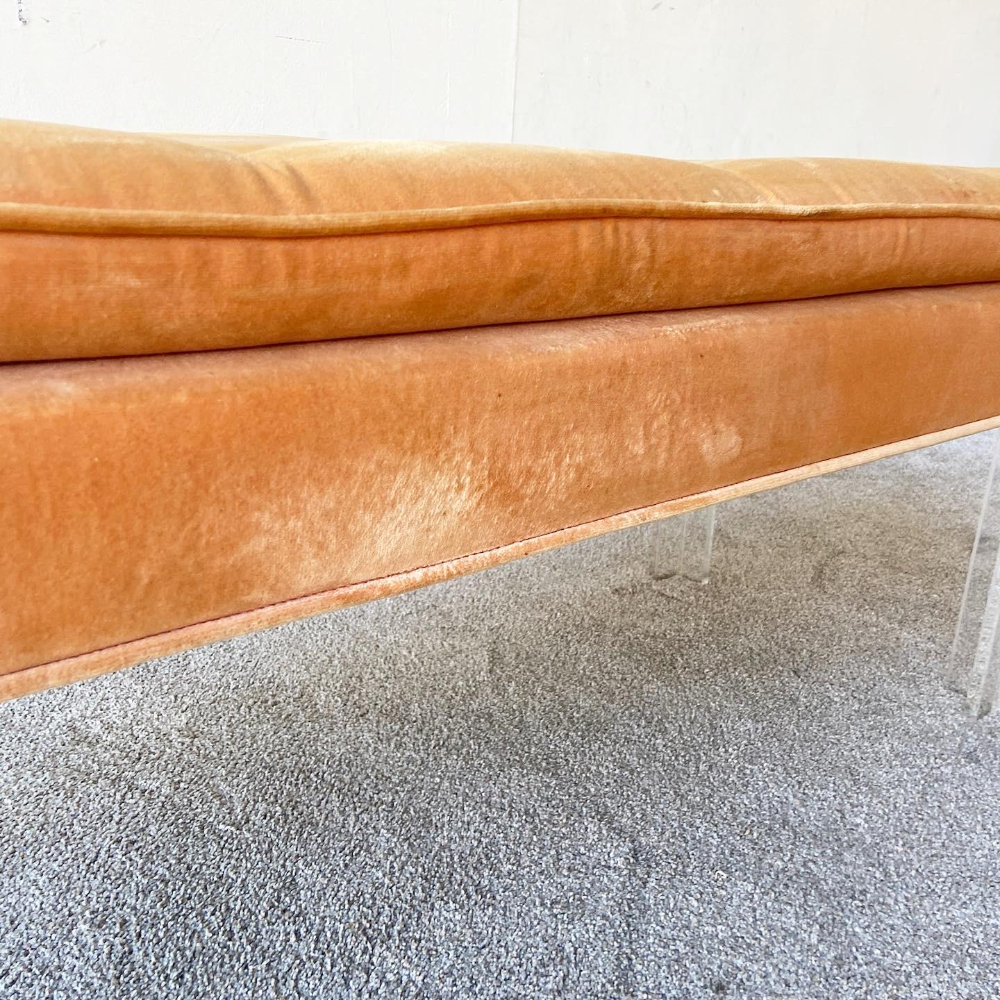 Postmodern Orange Tufted Fabric Lucite Bench 2
