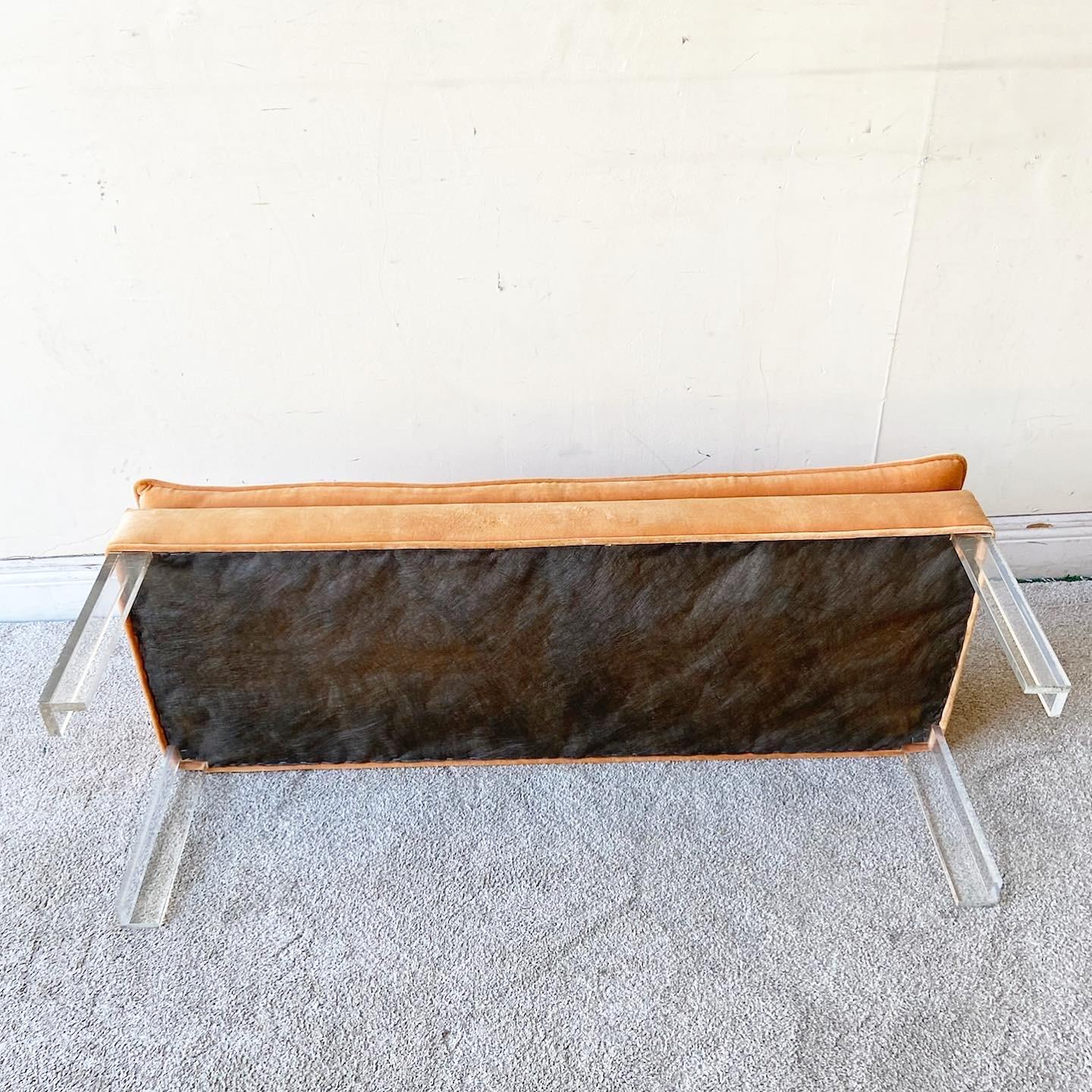 Postmodern Orange Tufted Fabric Lucite Bench 3