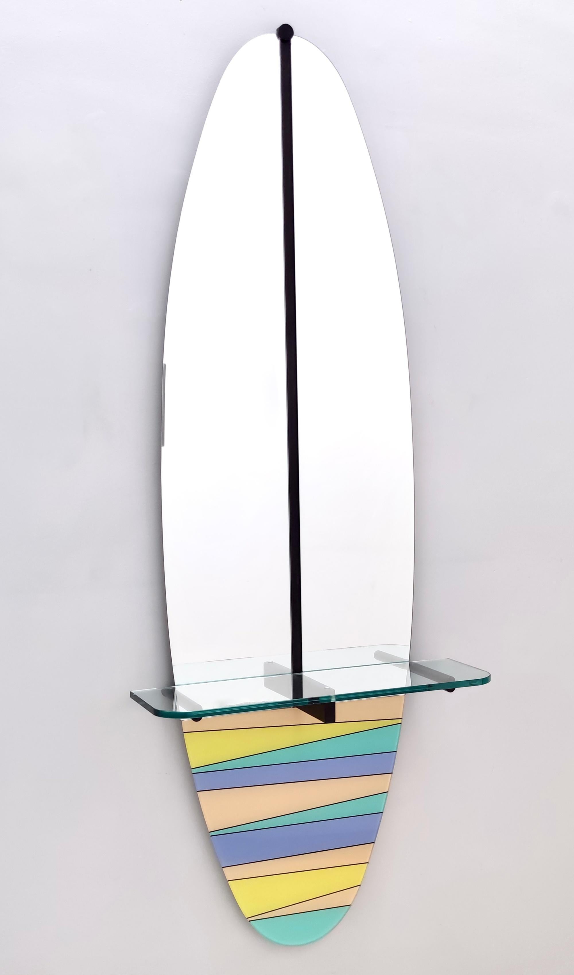 Italian Postmodern Oval Wall-Mounted Entryway Mirror and Console Table with Glass Top For Sale