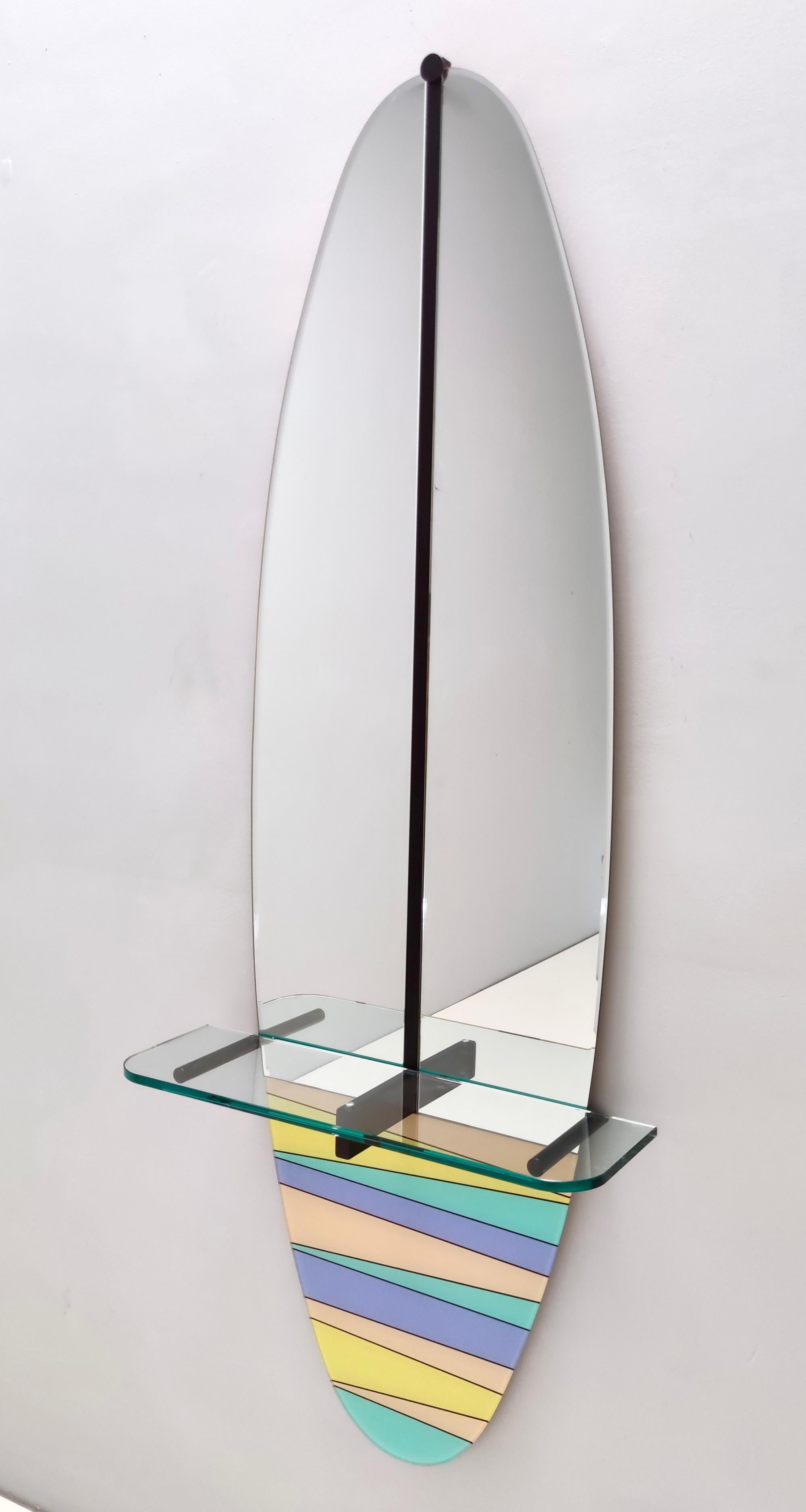 Lacquered Postmodern Oval Wall-Mounted Entryway Mirror and Console Table with Glass Top For Sale