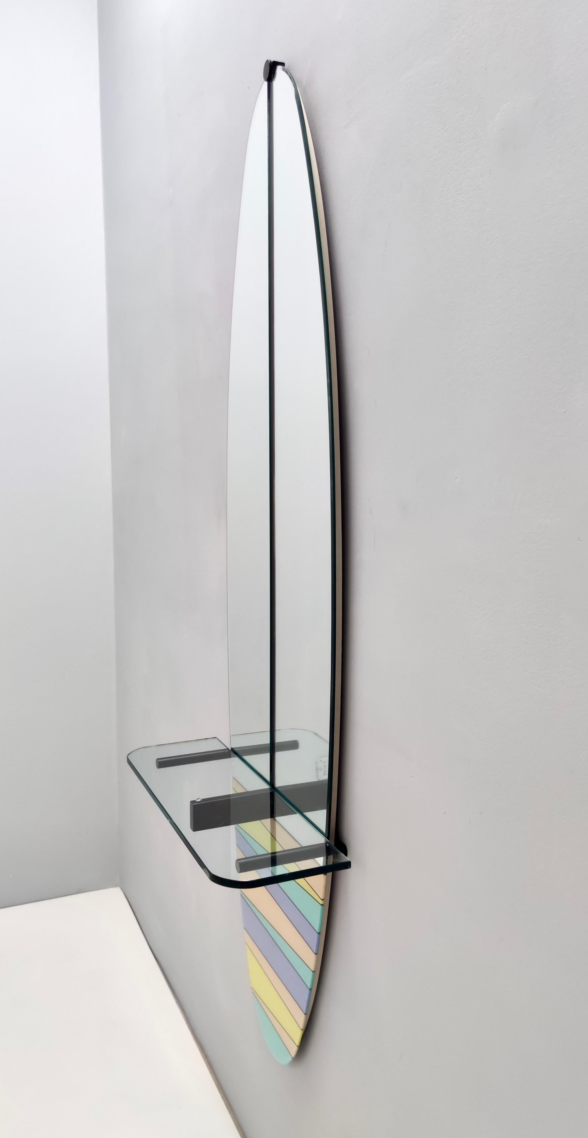 Metal Postmodern Oval Wall-Mounted Entryway Mirror and Console Table with Glass Top For Sale