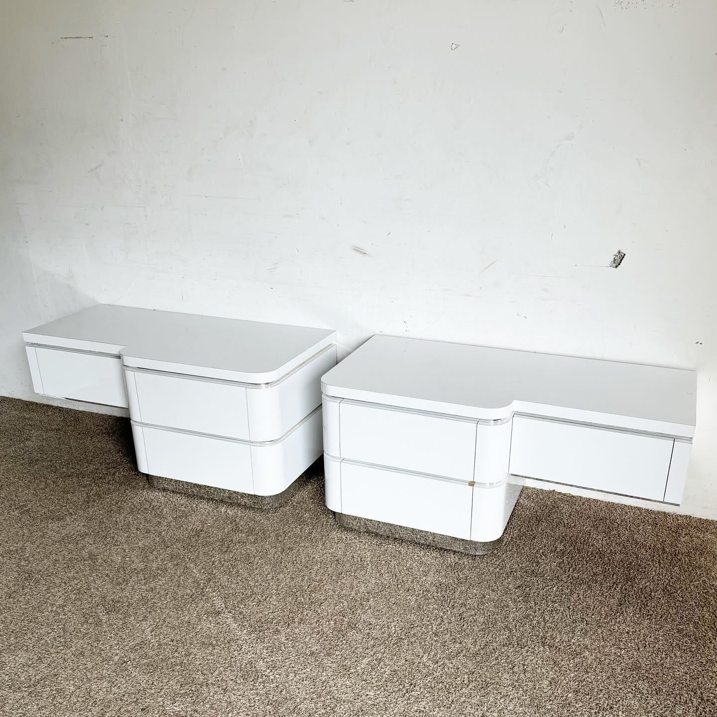 American Postmodern Oversized White Lacquer Laminate and Chrome Nightstands/Dressers For Sale