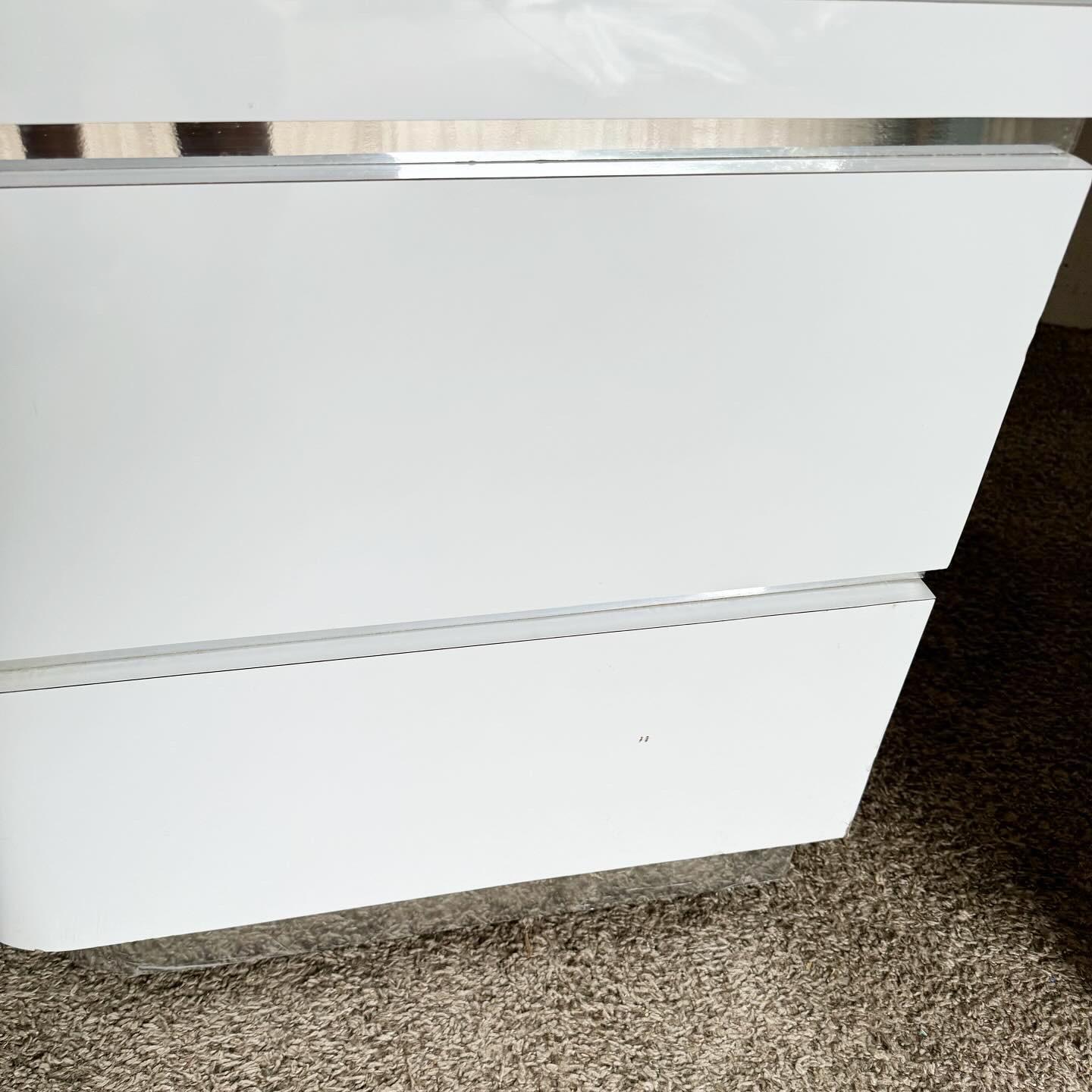 Wood Postmodern Oversized White Lacquer Laminate and Chrome Nightstands/Dressers For Sale