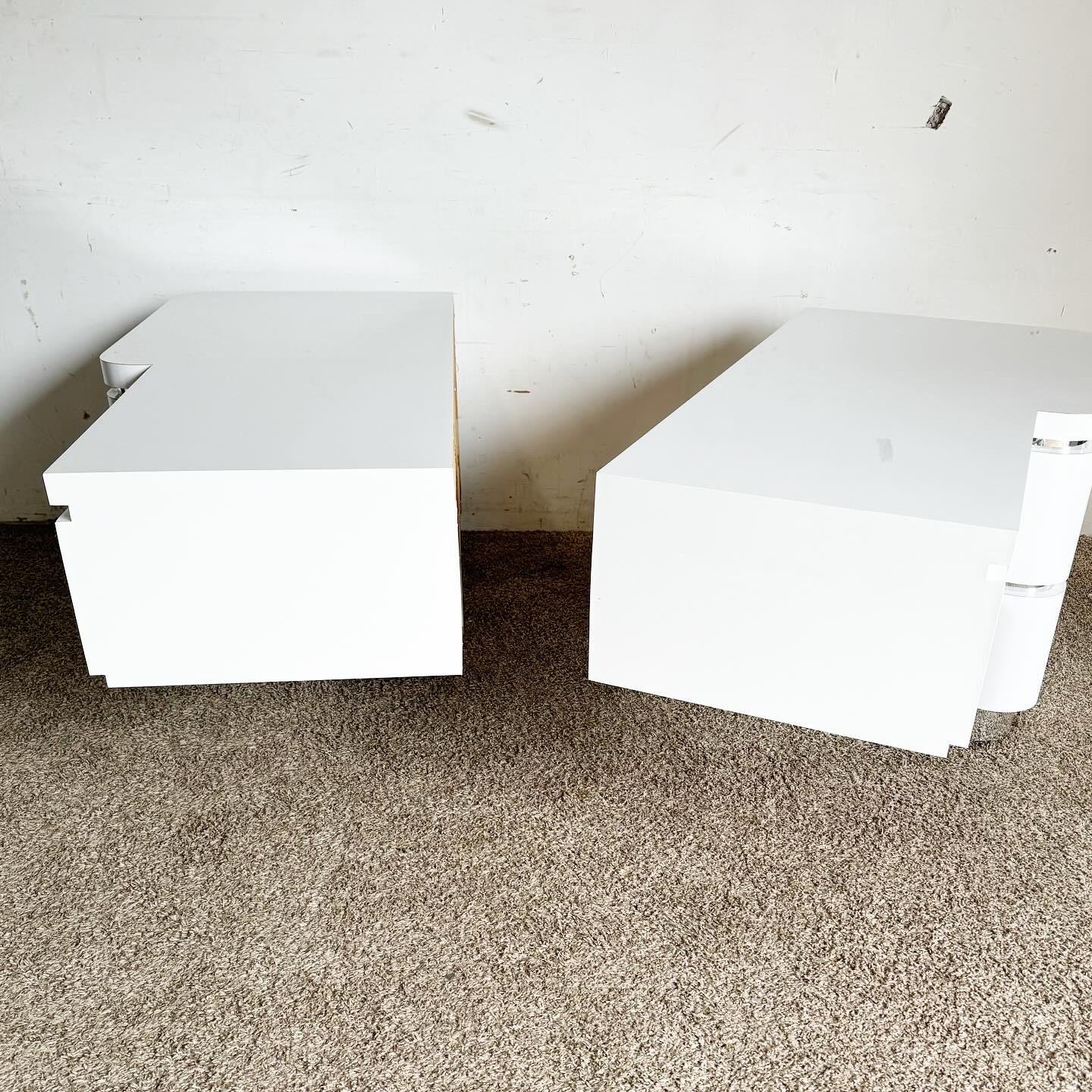 Postmodern Oversized White Lacquer Laminate and Chrome Nightstands/Dressers For Sale 1