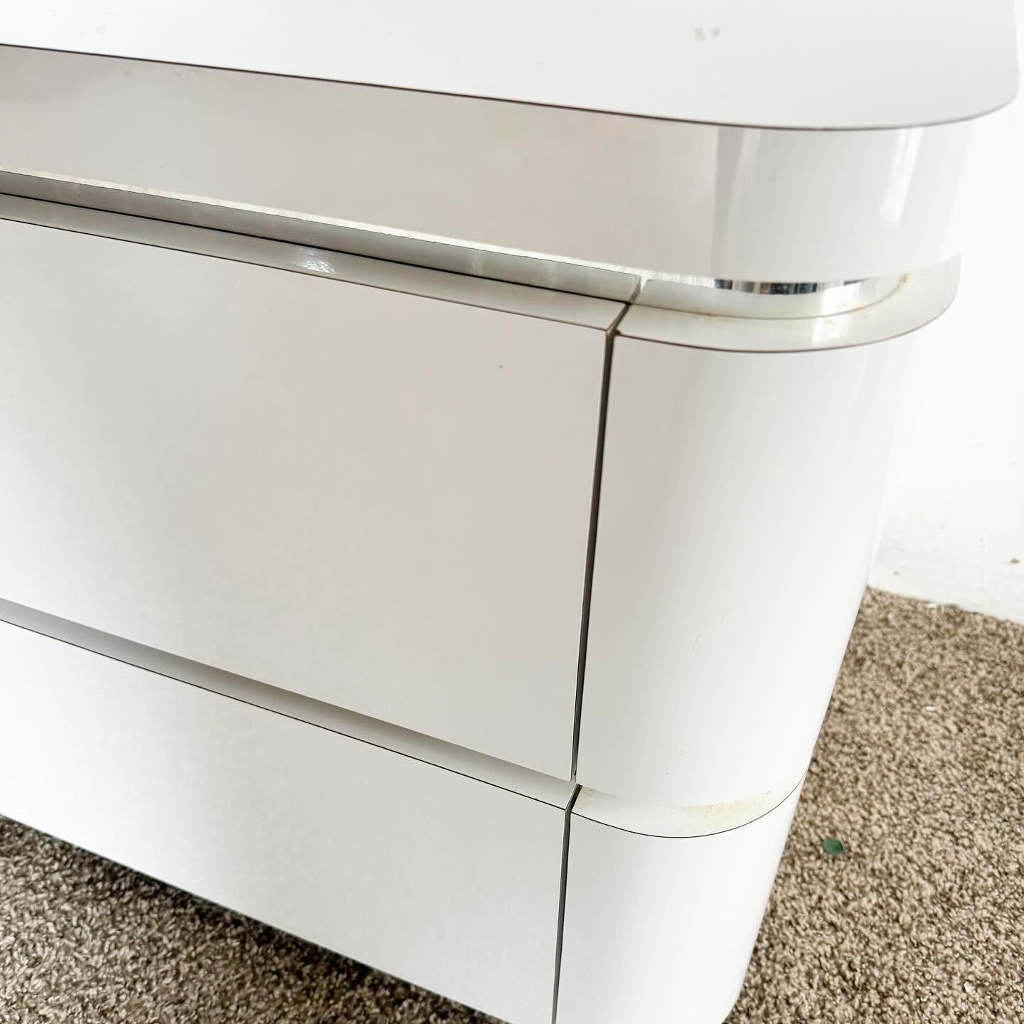Postmodern Oversized White Lacquer Laminate and Chrome Nightstands/Dressers For Sale 2