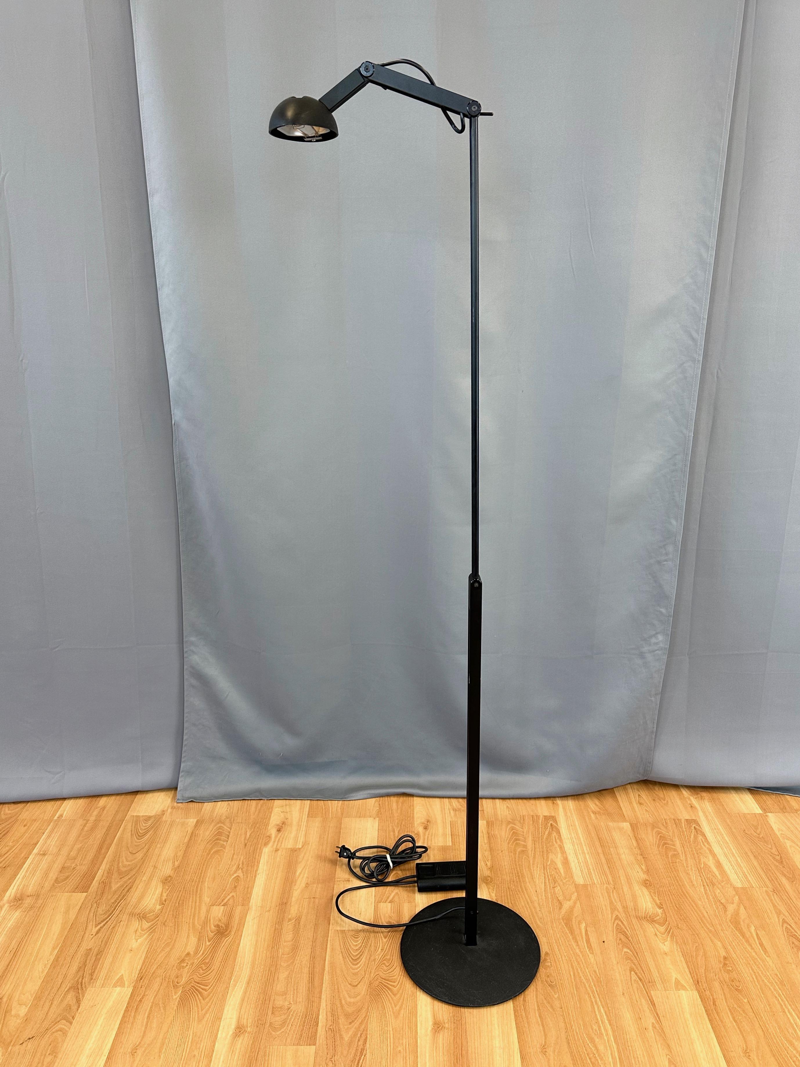 A rather rare 1980s postmodern PAF Studio Gordon floor lamp by Mario Barbaglia and Marco Colombo.

Minimalist positionable metal form with satin black powder coated enamel finish features two points of articulation, with little levers for loosening