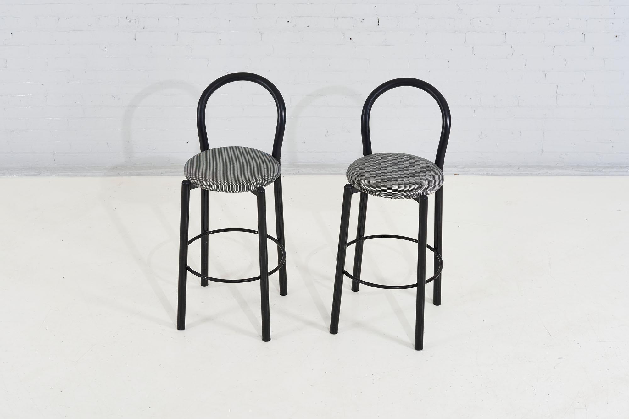 Postmodern pair bar stools, 1980. Rubberized bar seat backs. Original.