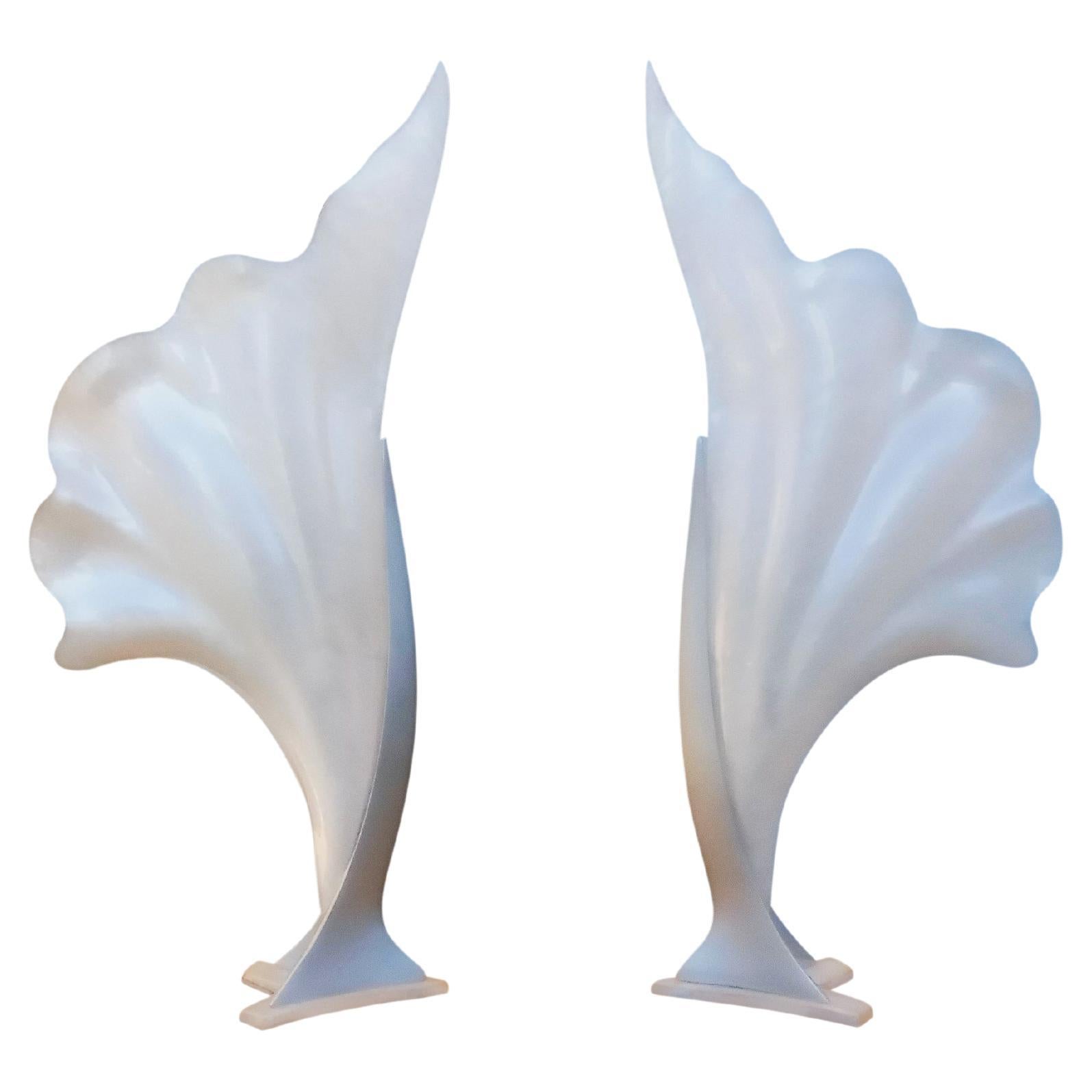 Postmodern Pair Large Pearlescent Acrylic Shell Form Lamps Attributed to Rougier For Sale