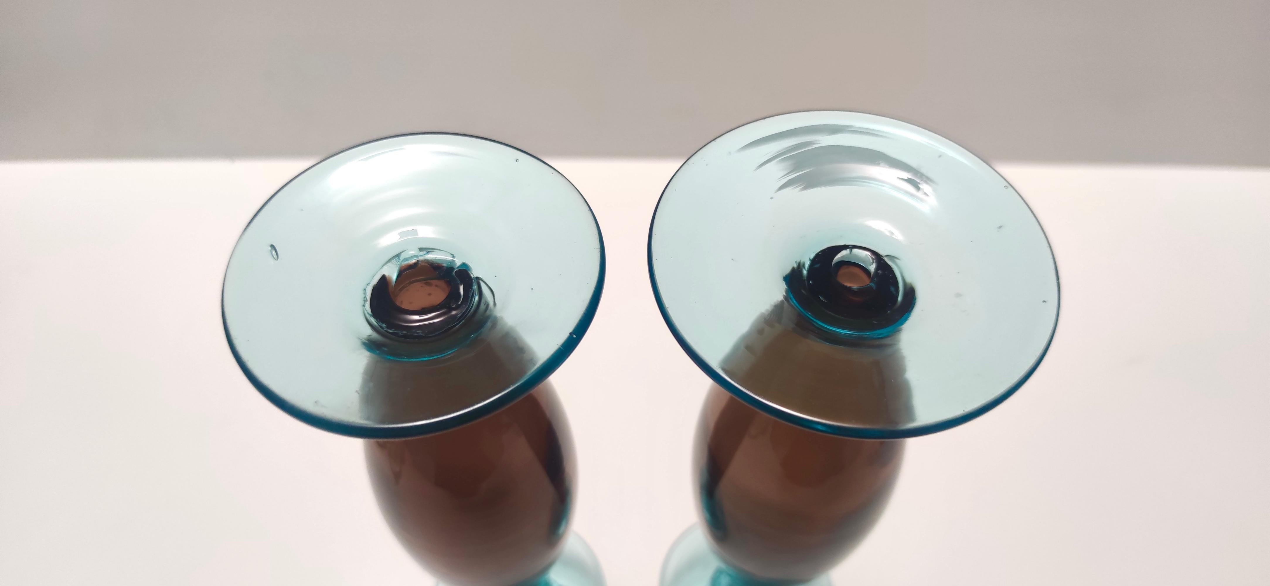 Paire de bougeoirs postmodernes en verre de Murano marron et aigue-marine, Italie en vente 4