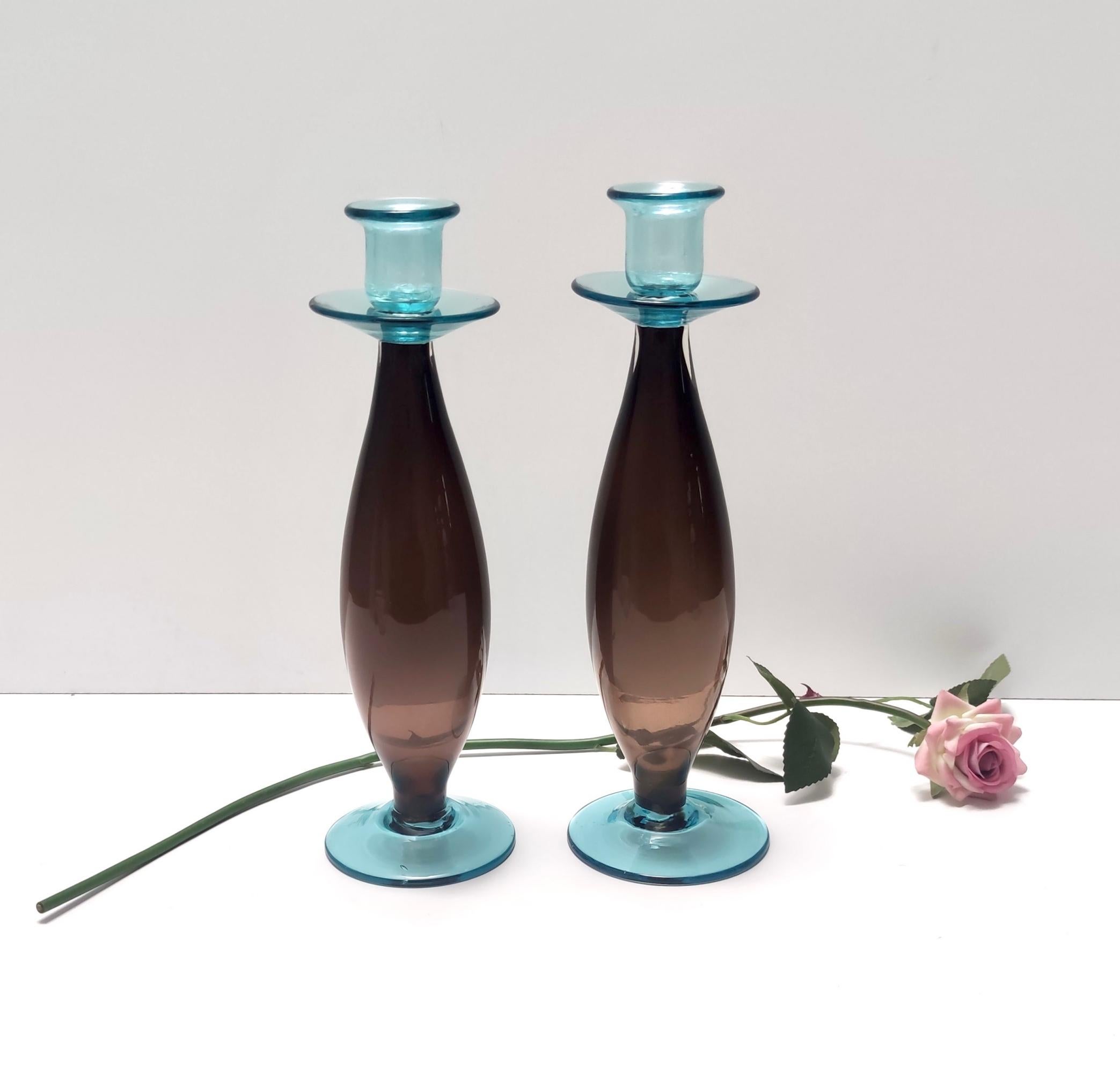 Post-Modern Postmodern Pair of Brown and Aquamarine Murano Glass Candleholders, Italy For Sale