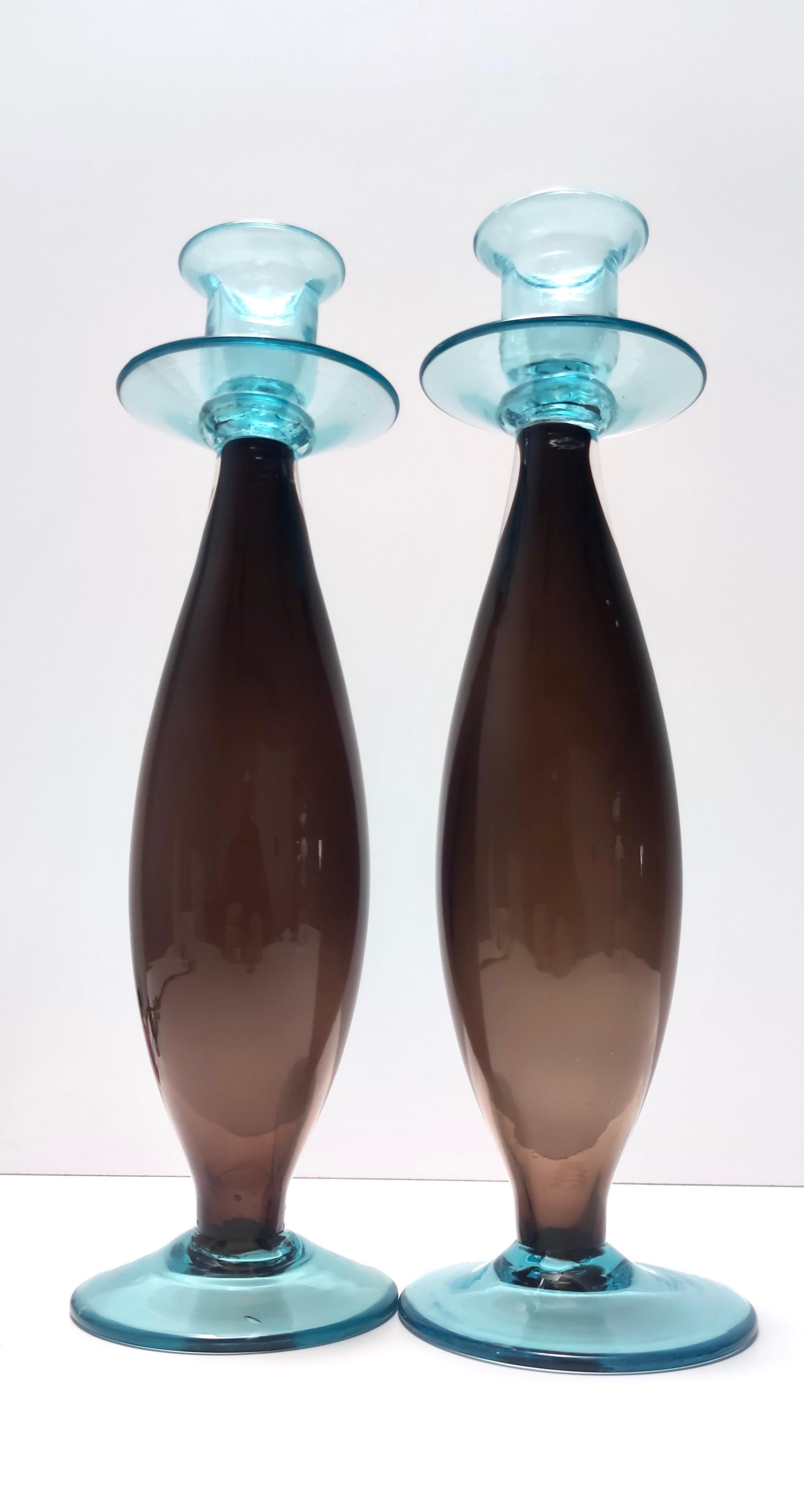 Italian Postmodern Pair of Brown and Aquamarine Murano Glass Candleholders, Italy For Sale