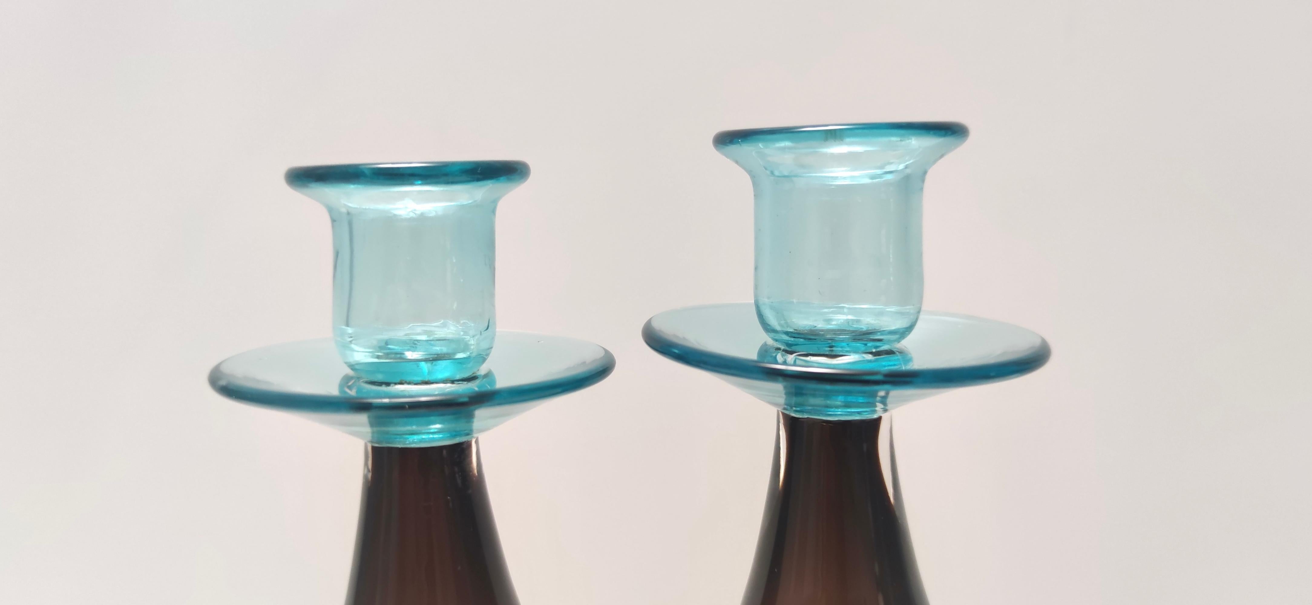 Postmodern Pair of Brown and Aquamarine Murano Glass Candleholders, Italy In Excellent Condition For Sale In Bresso, Lombardy