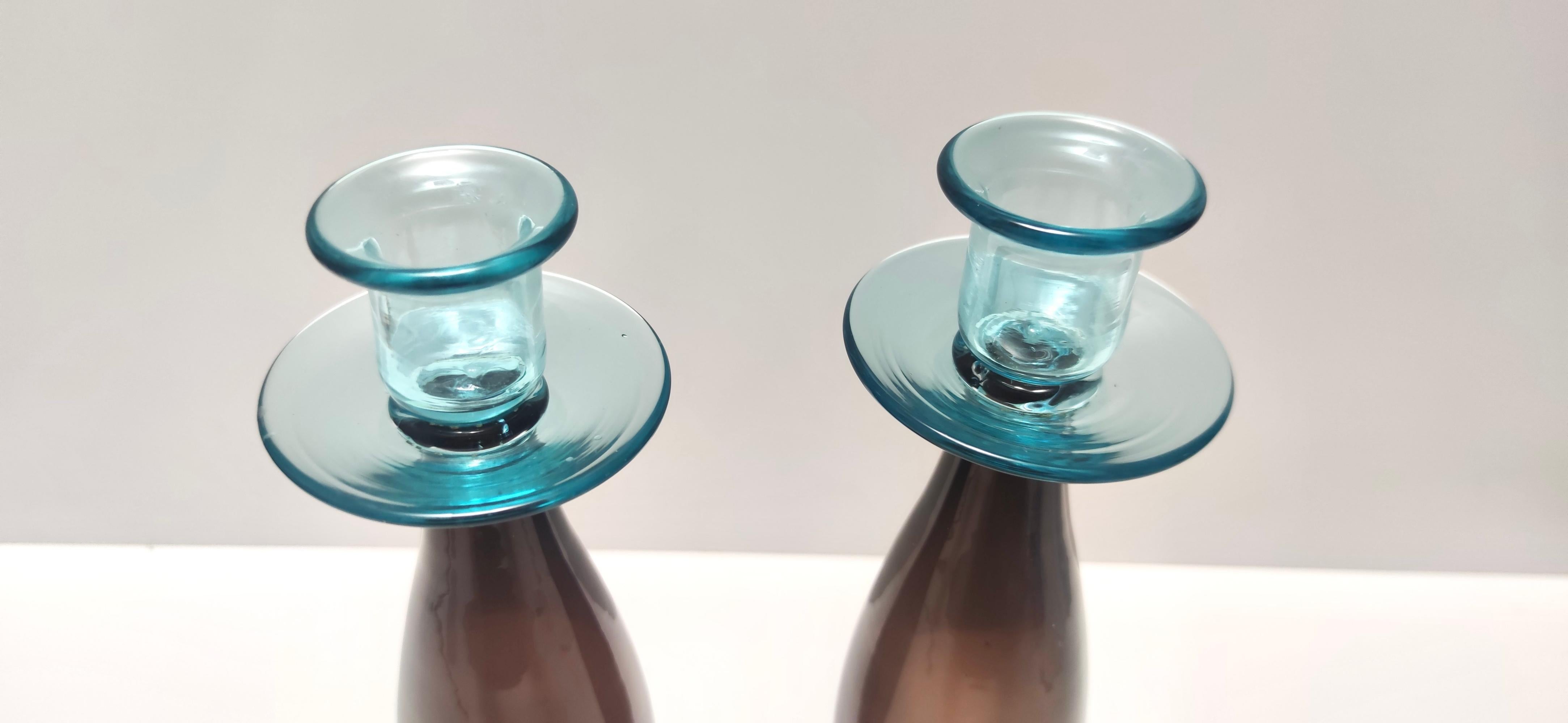 Late 20th Century Postmodern Pair of Brown and Aquamarine Murano Glass Candleholders, Italy For Sale