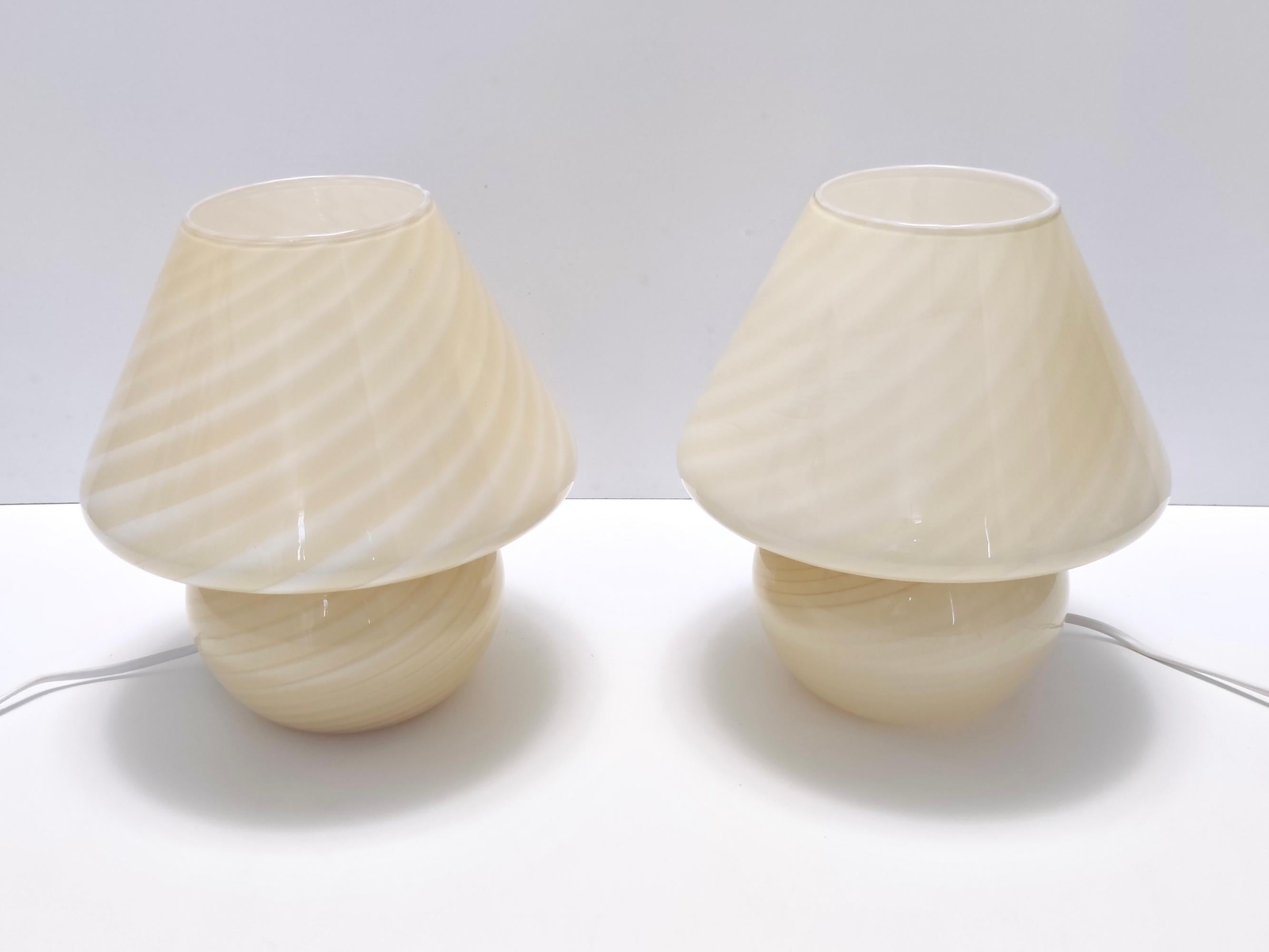 Italian Postmodern Pair of Cream Color Encased Murano Glass Table Lamps by Venini, Italy For Sale