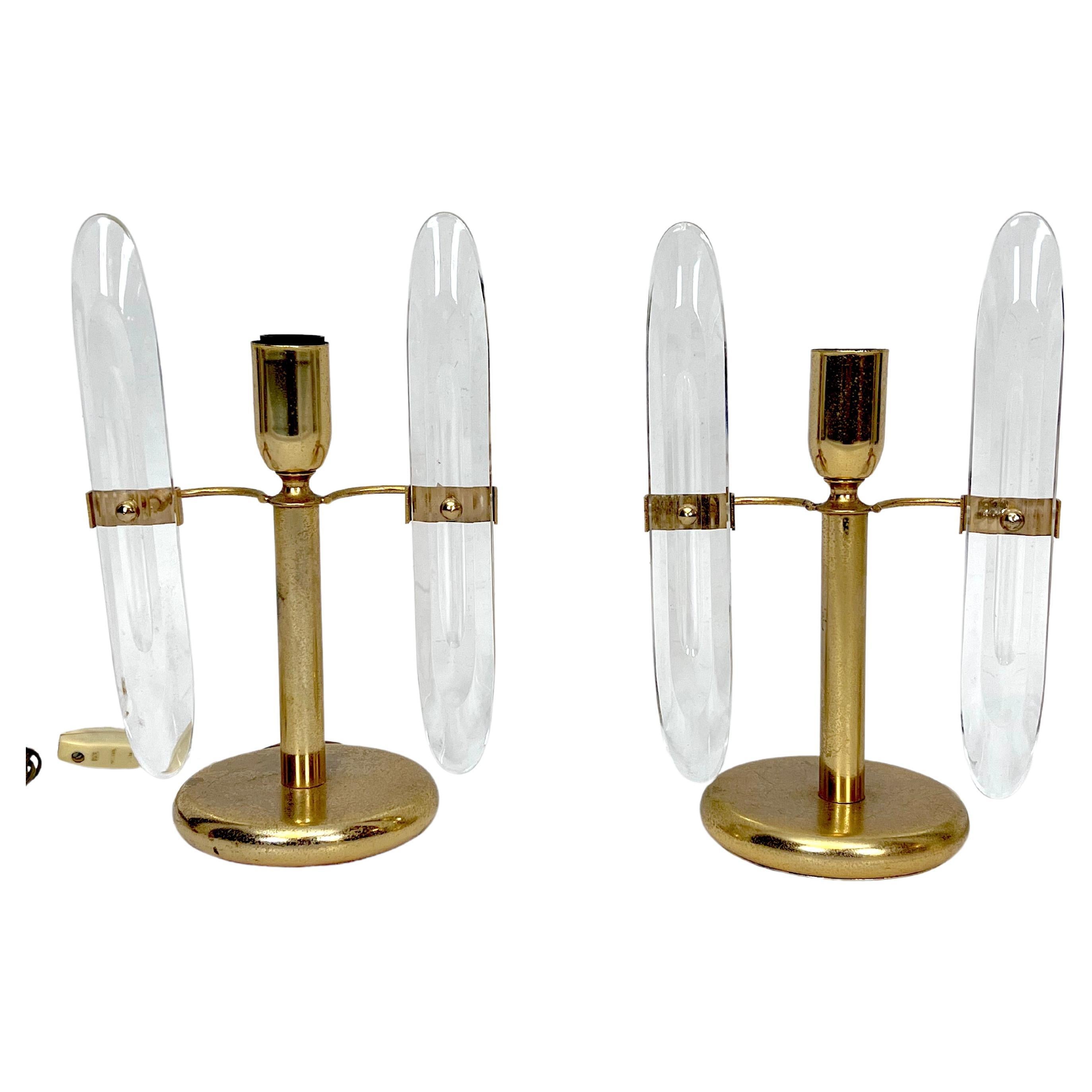 Postmodern pair of gilded metal and glass table lamps by Stilkronen. Italy 70s