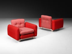 Postmodern Pair of Lounge Chairs in Red Striped and Red Fabric